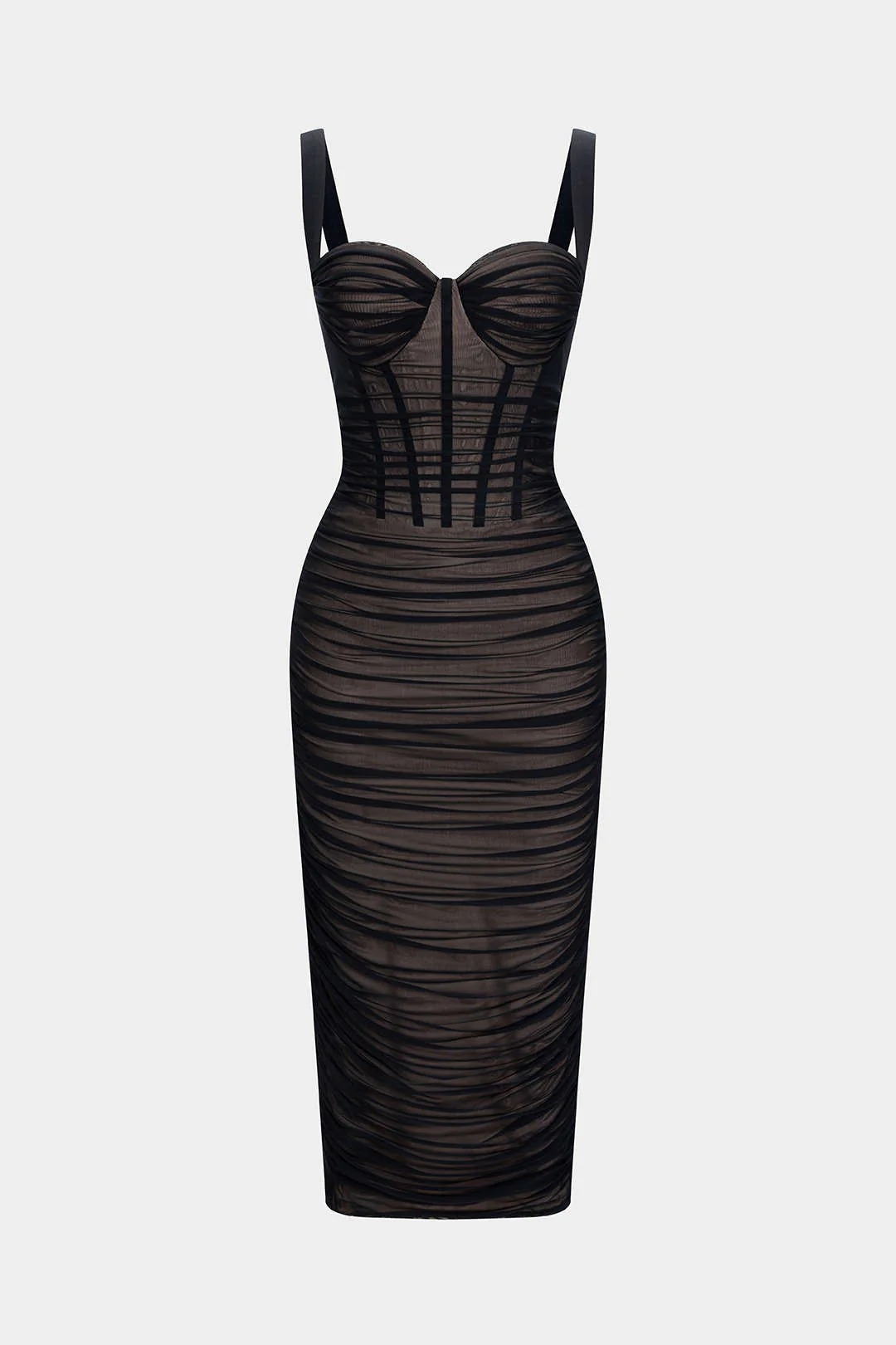 Sheer Mesh Ruched Bustier Slip Sleeveless Midi Dress - Weenar