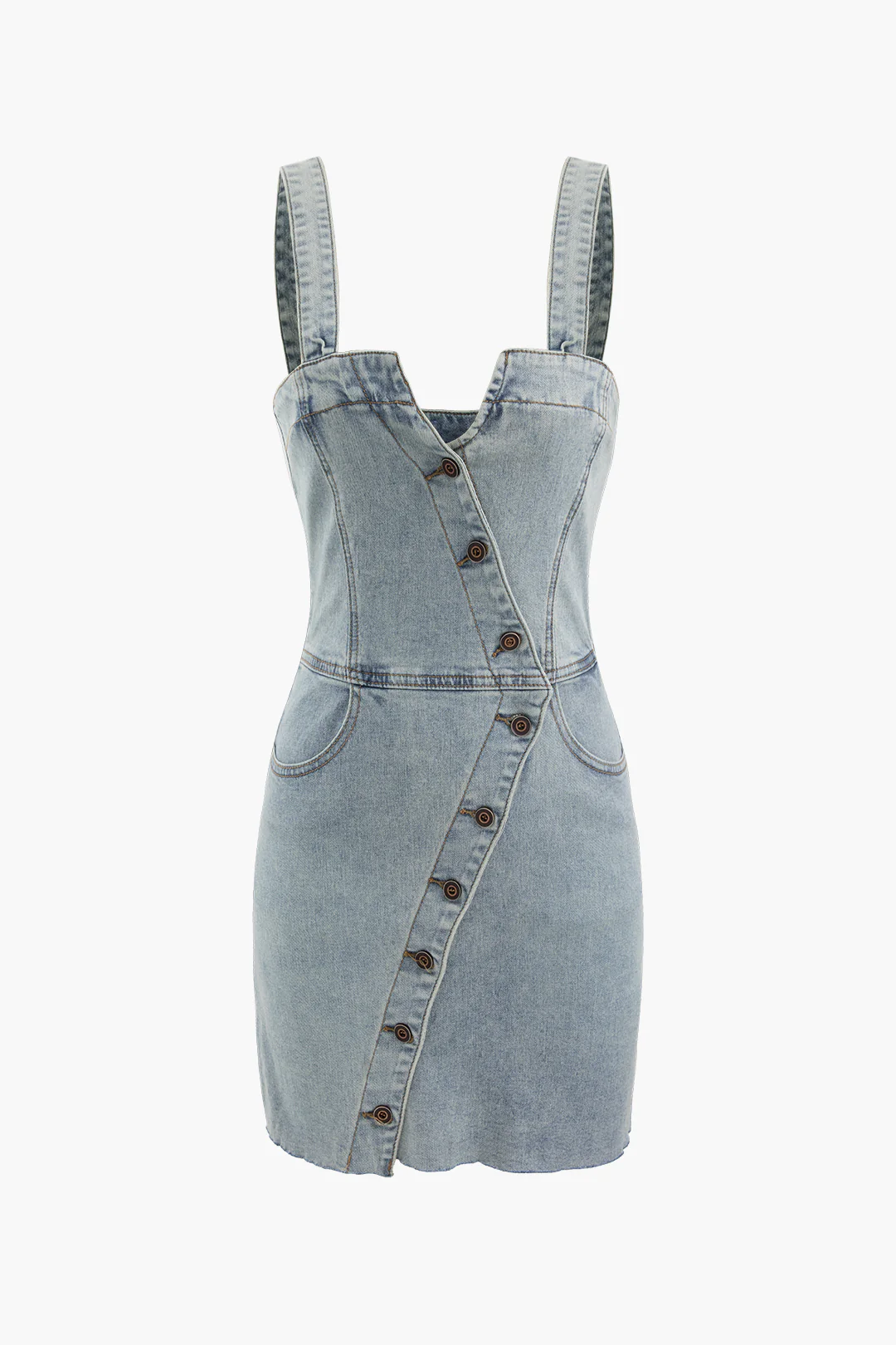 Denim Asymmetrical Button Sleeveless Dress - Weenar