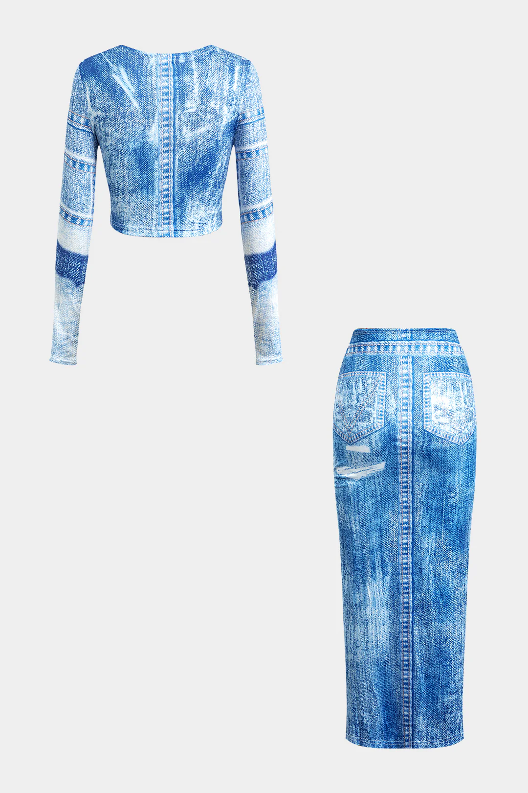 Denim Print Round Neck Long Sleeve Top And Bodycon Skirt Set - Weenar