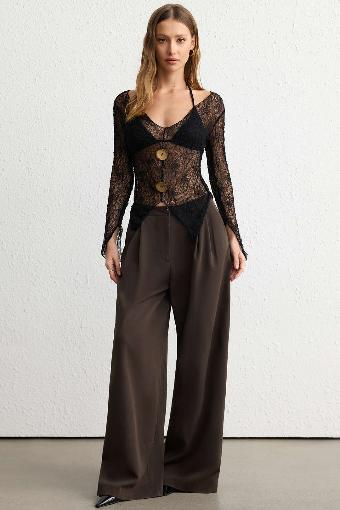 Jacquard Textured V-Neck Slit Button Long Sleeve Top - Weenar