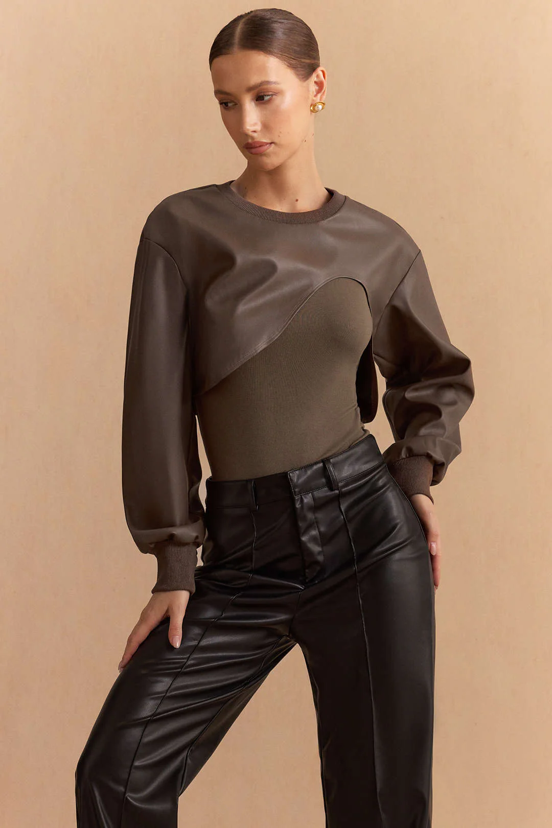 Faux Leather Patchwork Round Neck Asymmetrical Long Sleeve Bodysuit - Weenar