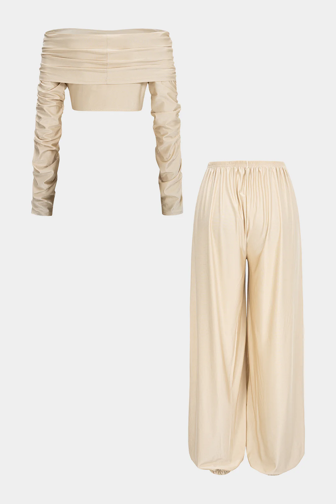 Ruched Off Shoulder Long Sleeve Cropped Top And High Waist Lantern Pants Set - Weenar