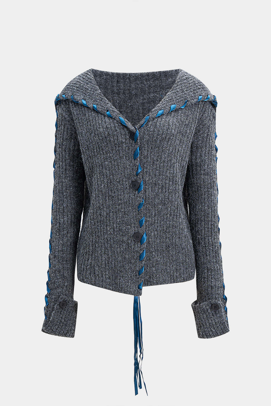 Knit Drawstring Ribbed Cardigan - Weenar