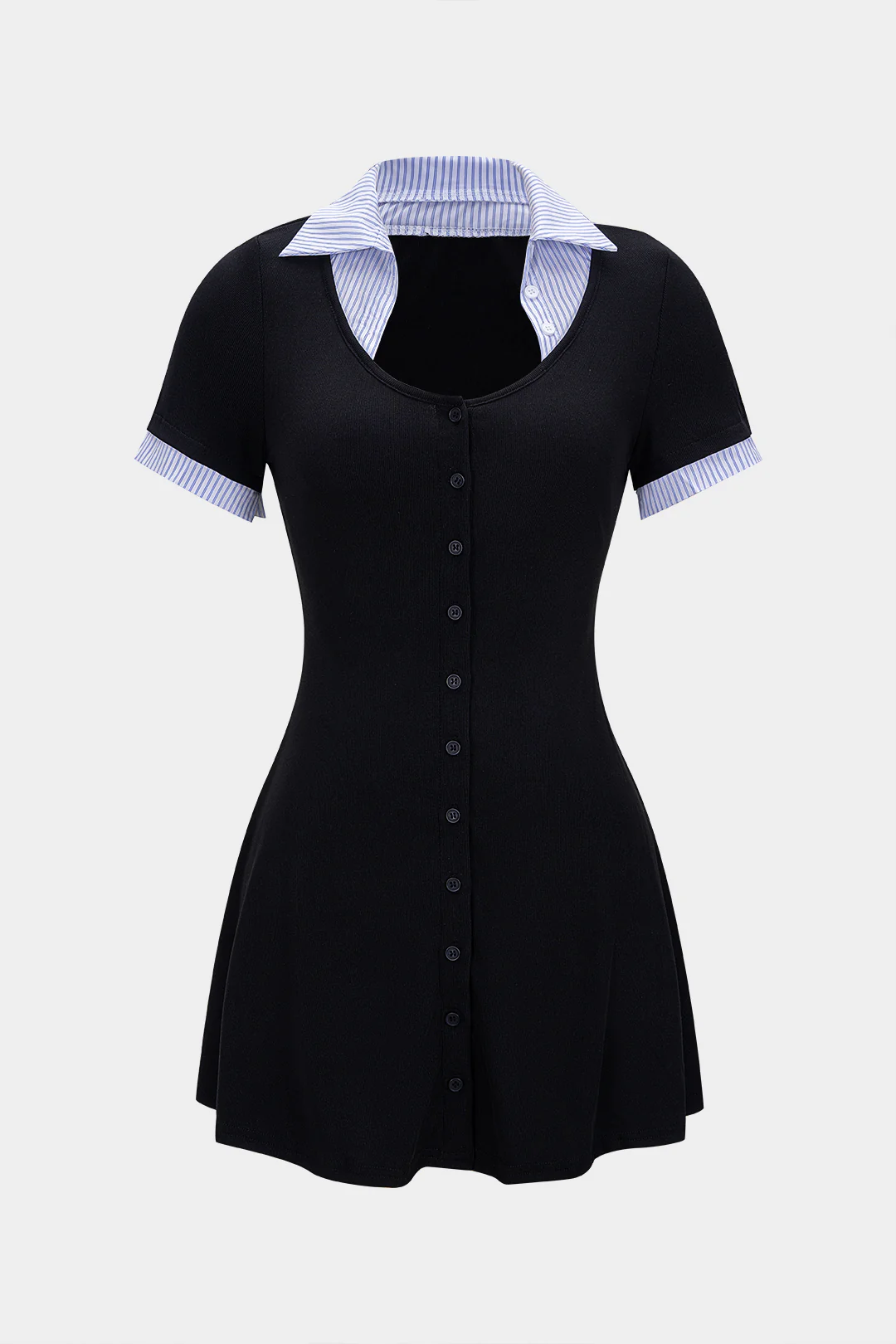 Striped Contrast Round Neck Button Short Sleeve Mini Dress - Weenar