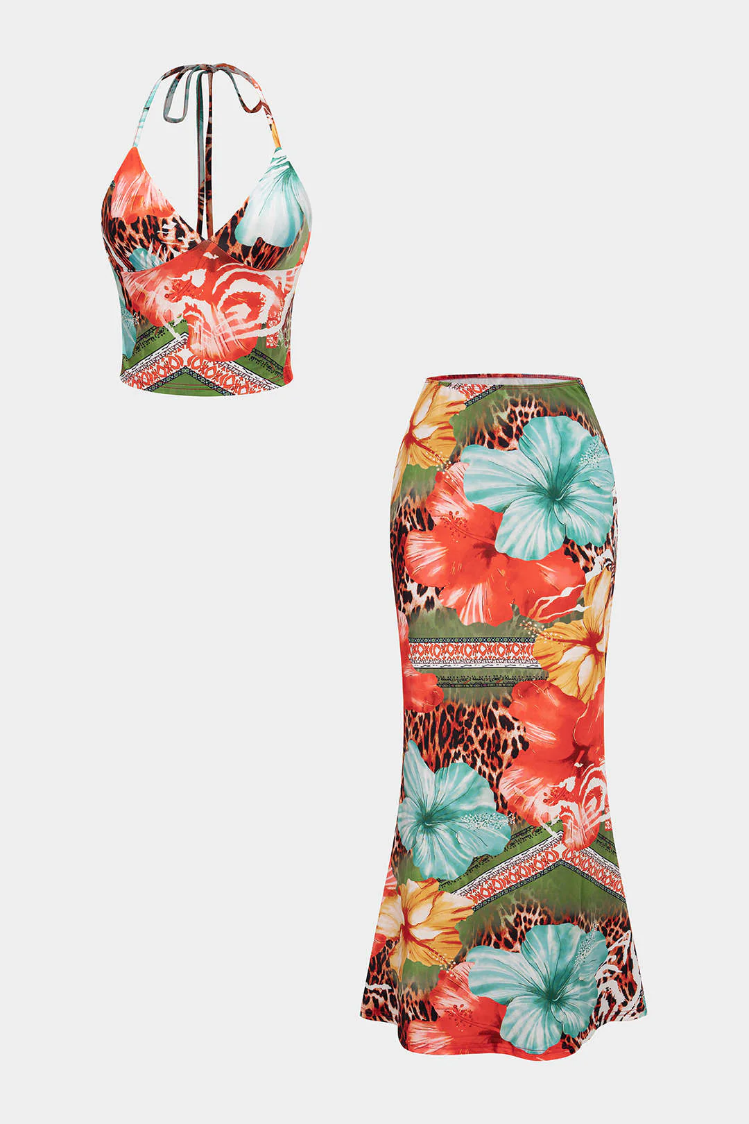 Leopard Floral Print Halter V-Neck Tie Back Top And High Waist Skirt Set - Weenar