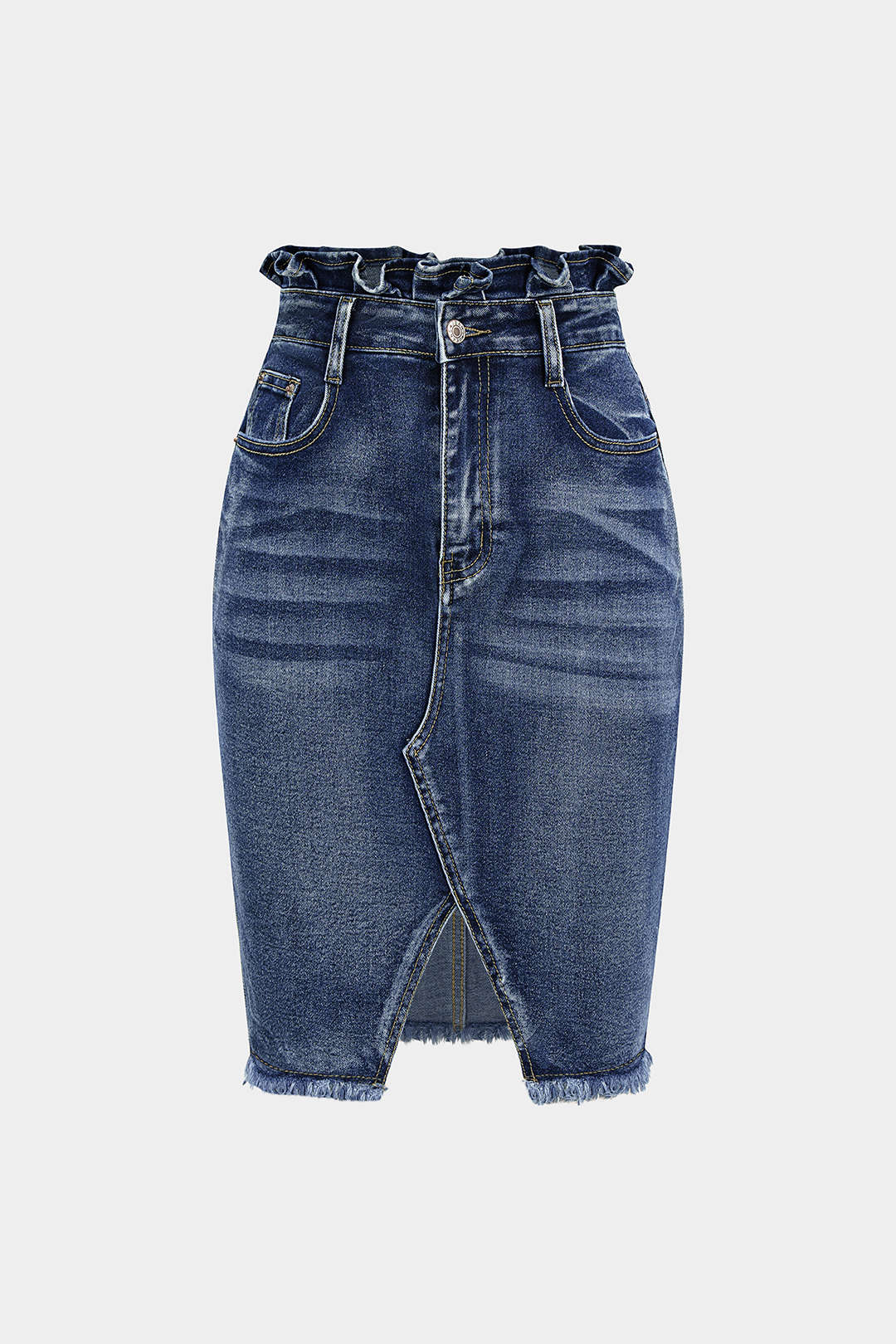Denim Ruffle Asymmetrical Frayed Skirt - Weenar