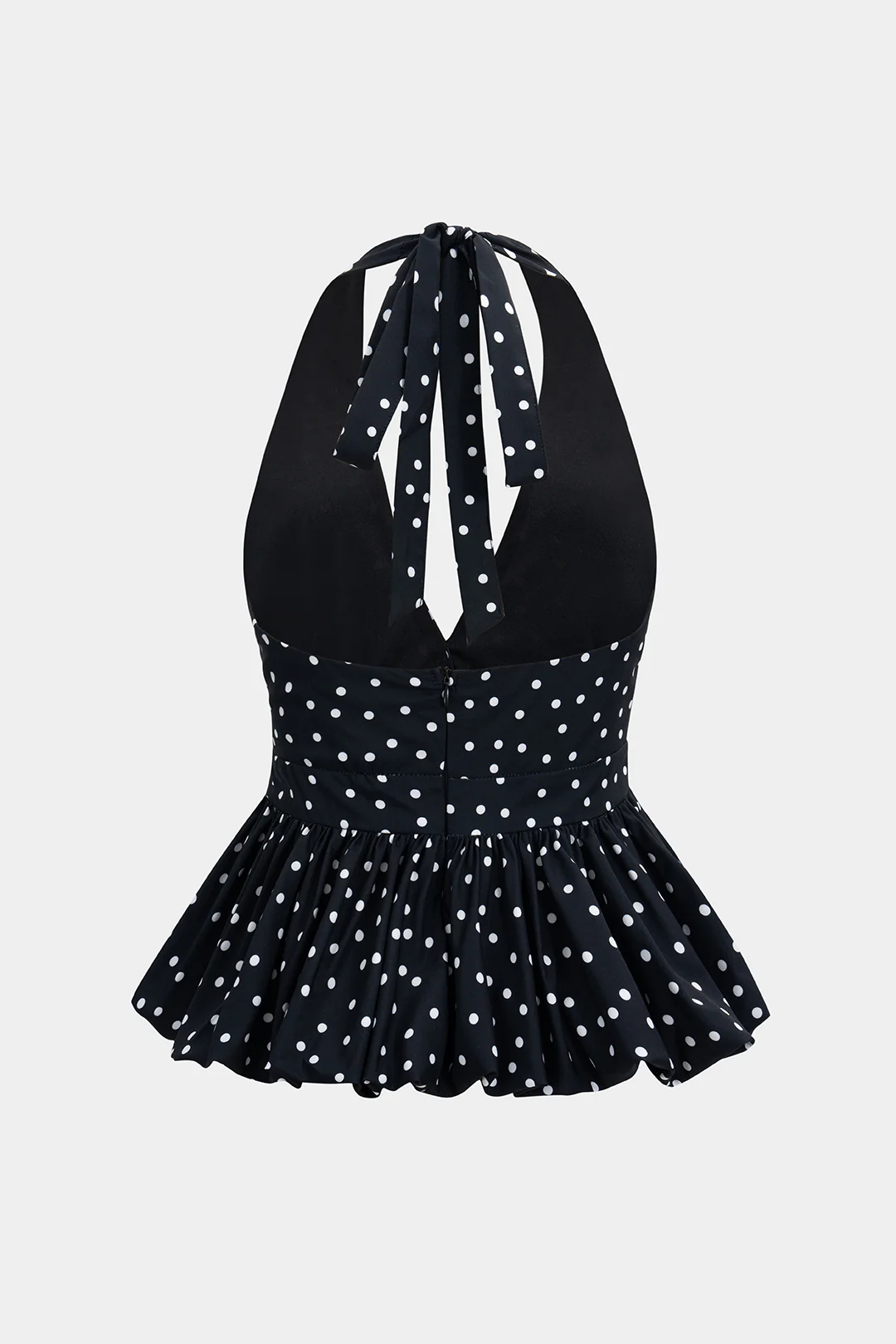 Polka Dots Print Halter Neck Tie-Up Puff Hem Backless Tank Top - Weenar