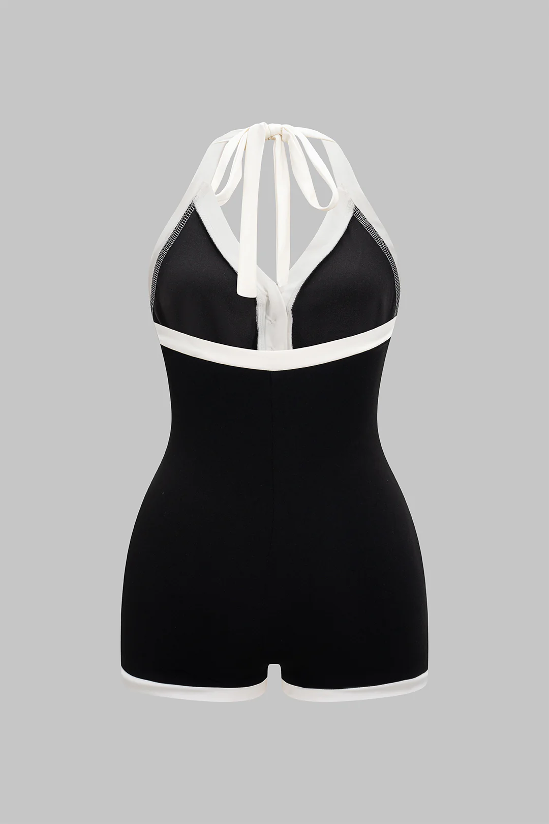 Plus Size Contrast Halter Tie-Up Backless Sleeveless Romper - Weenar