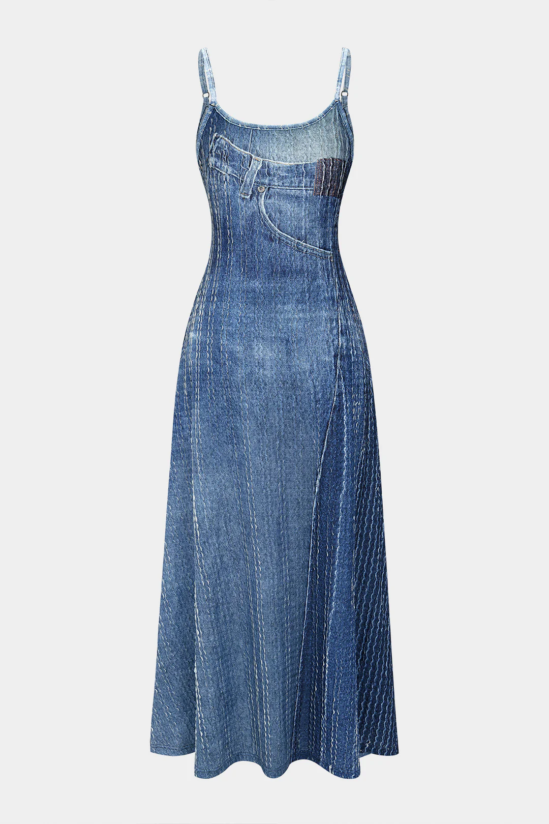 Denim Print Slip Sleeveless Maxi Dress - Weenar