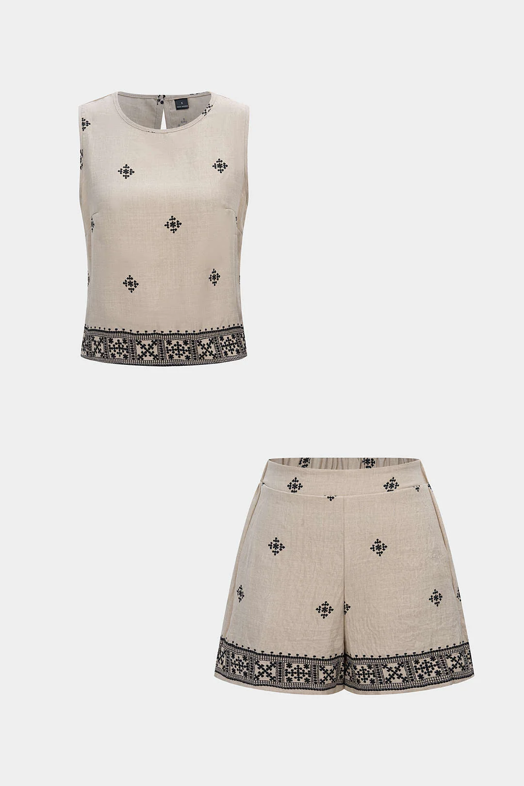 Contrast Print Round Neck Tank Top And High Waist Shorts Set - Weenar