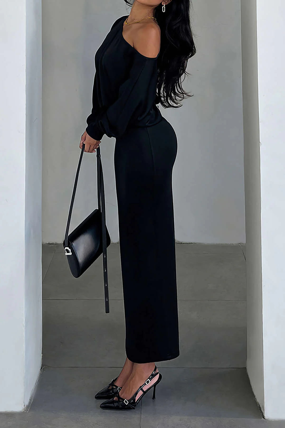 One Shoulder Long Sleeve Midi Dress - Weenar