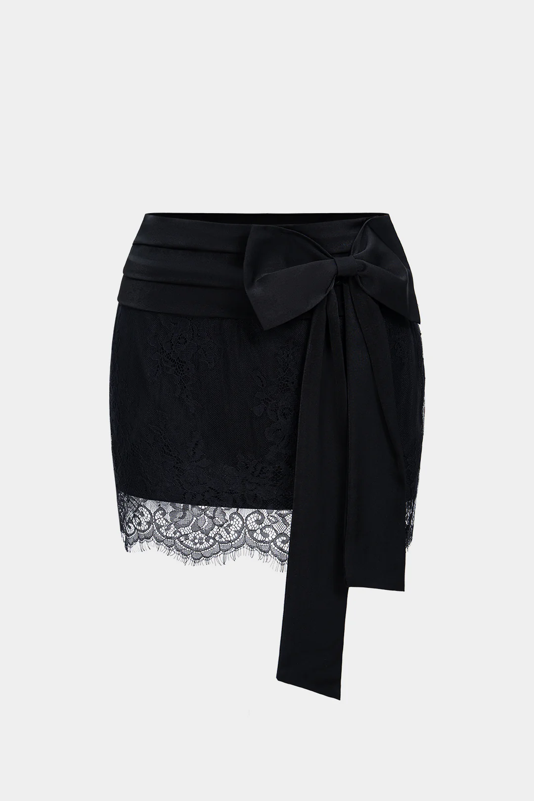 Satin Patchwork Lace Trim Bow Mini Skirt - Weenar