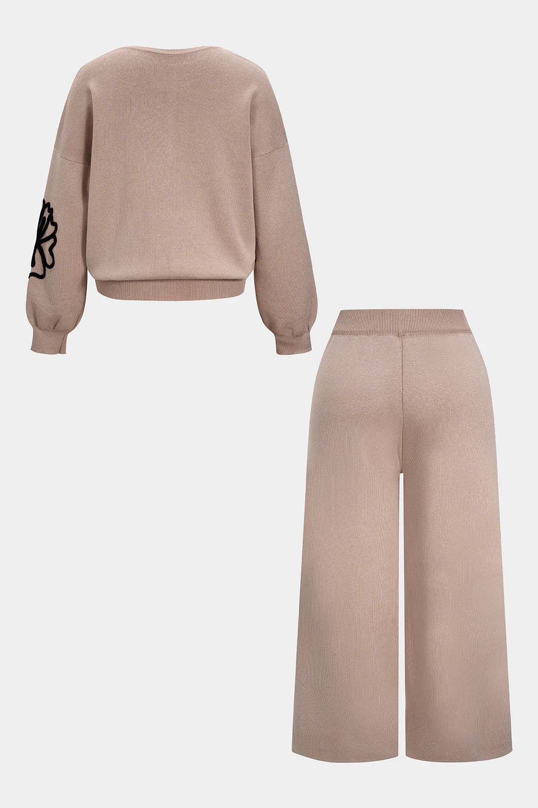 Plus Size Knit Round Neck Embroidery Long-Sleeve Top And Wide Leg Pants Set - Weenar