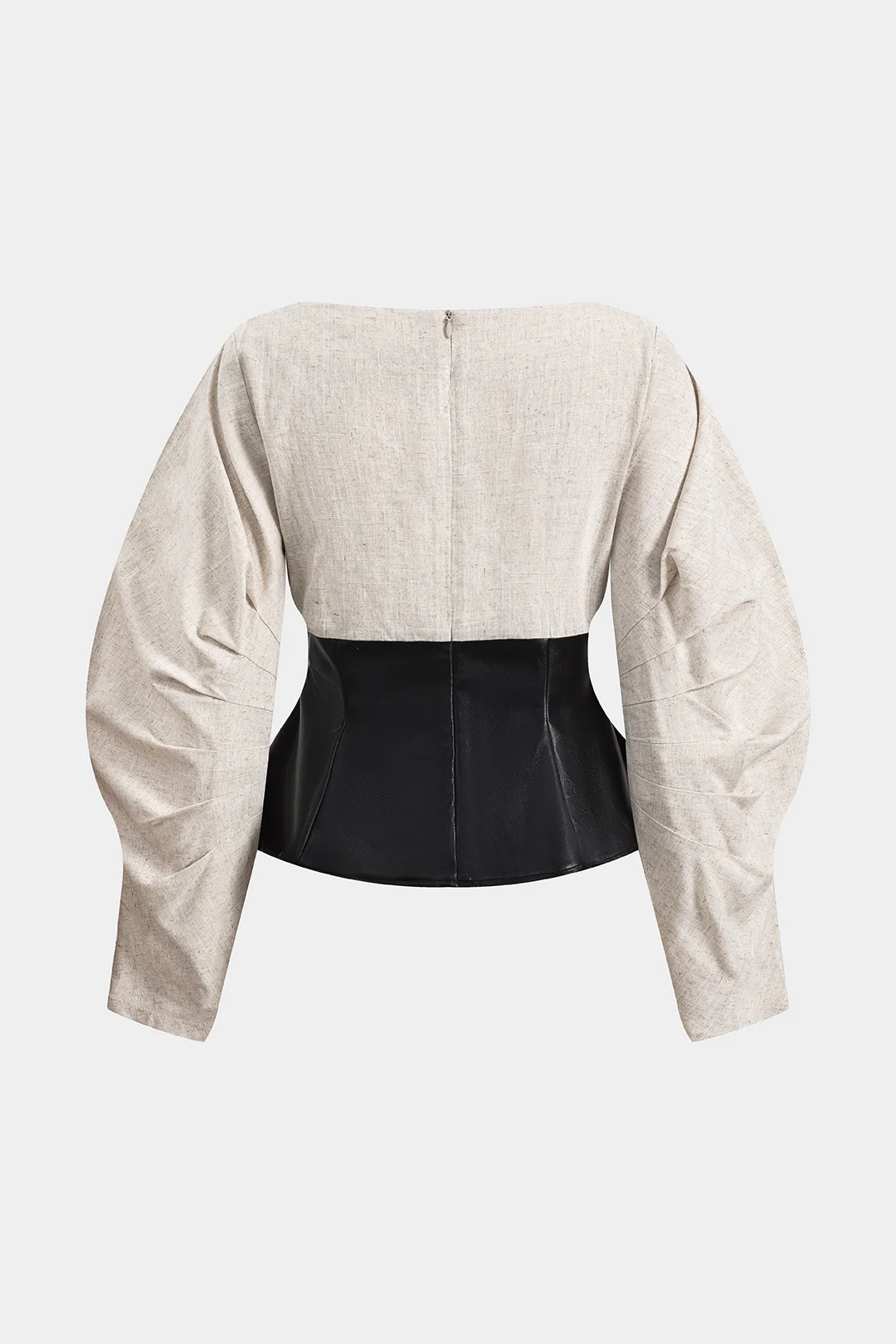Linen Faux Leather Patchwork Long-Sleeve Shirt - Weenar