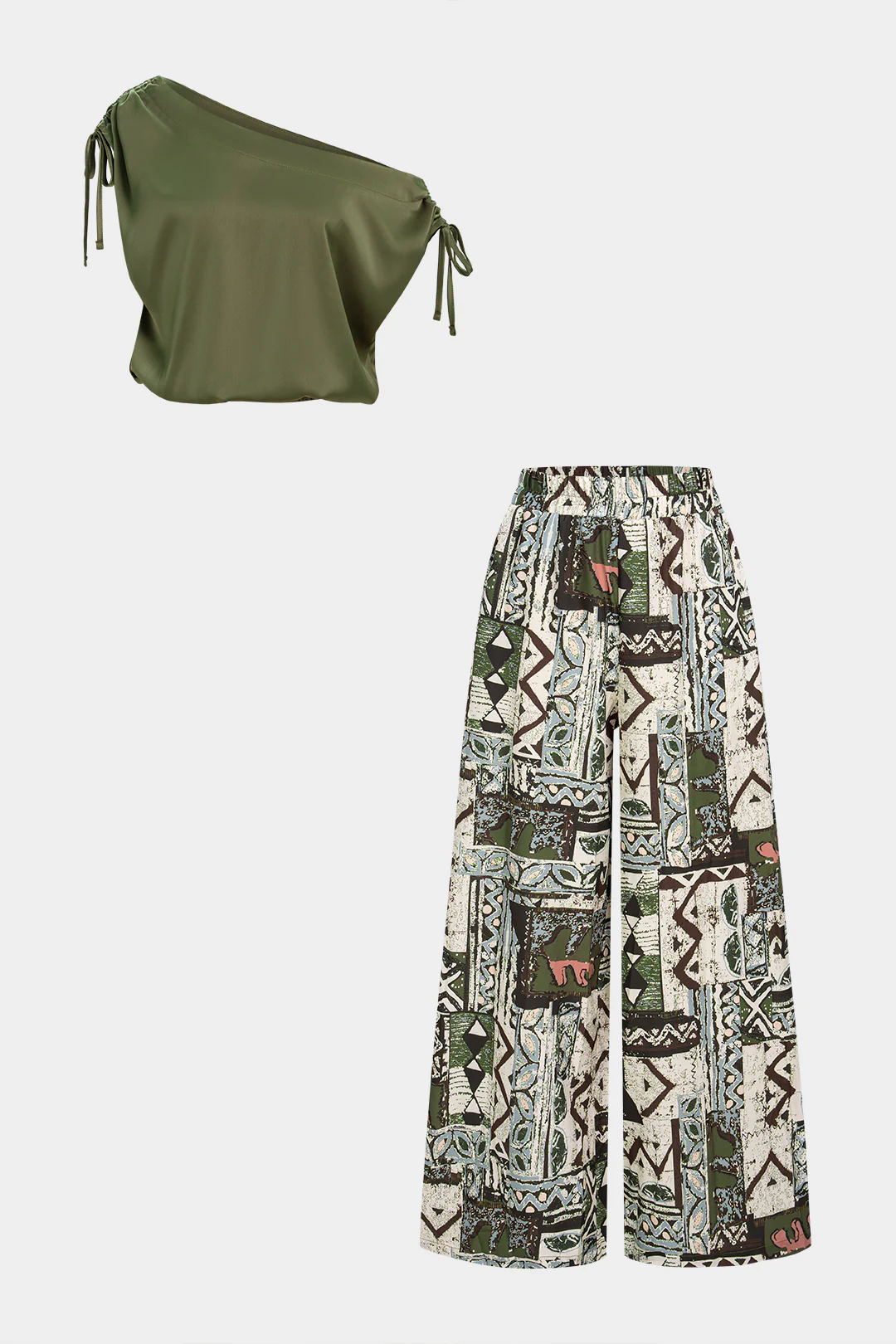 Satin One Shoulder Tie-Up Sleeveless Top And Geometric Print Wide-Leg Pants Set - Weenar