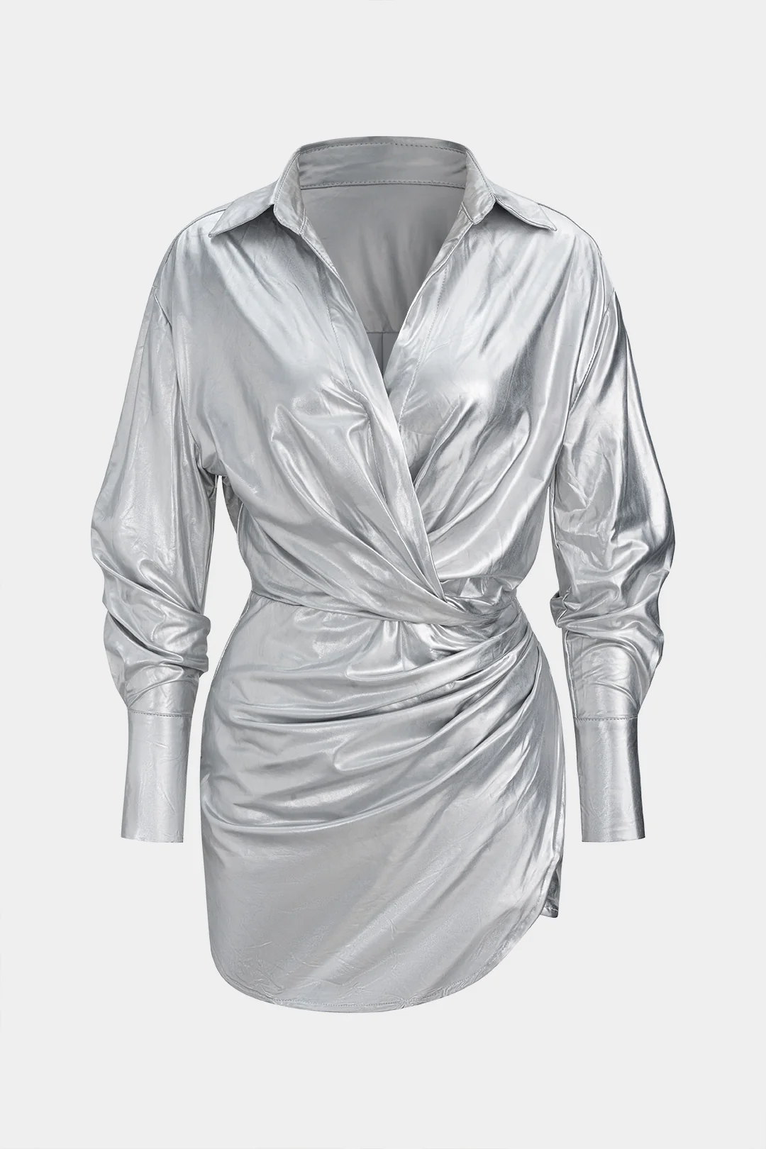 Leather V-Neck Ruched Long Sleeve Mini Dress - Weenar