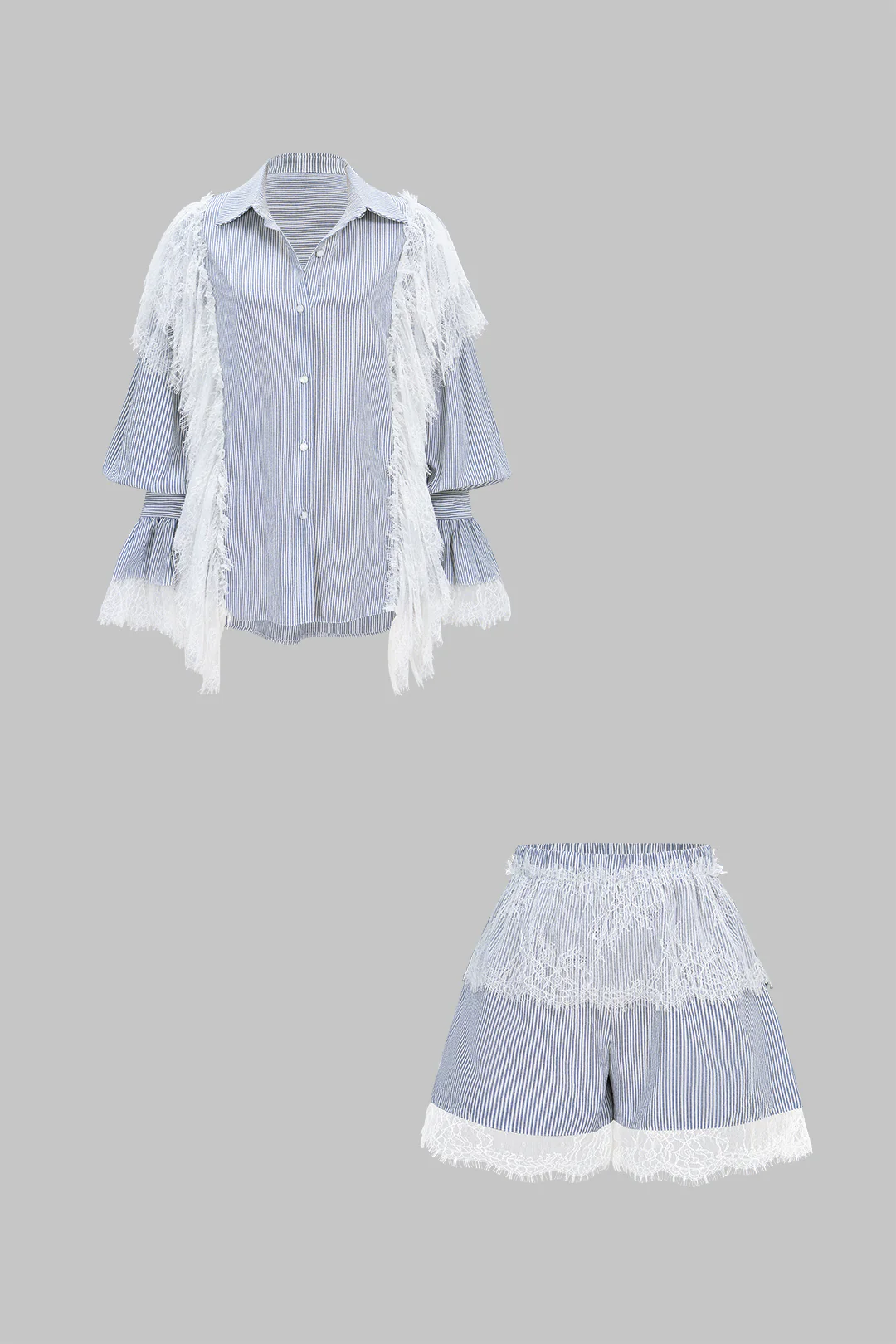 Stripes Print Patchwork Lace Lapel Flared Long Sleeve Shirt And Shirred Waistband Shorts Set - Weenar
