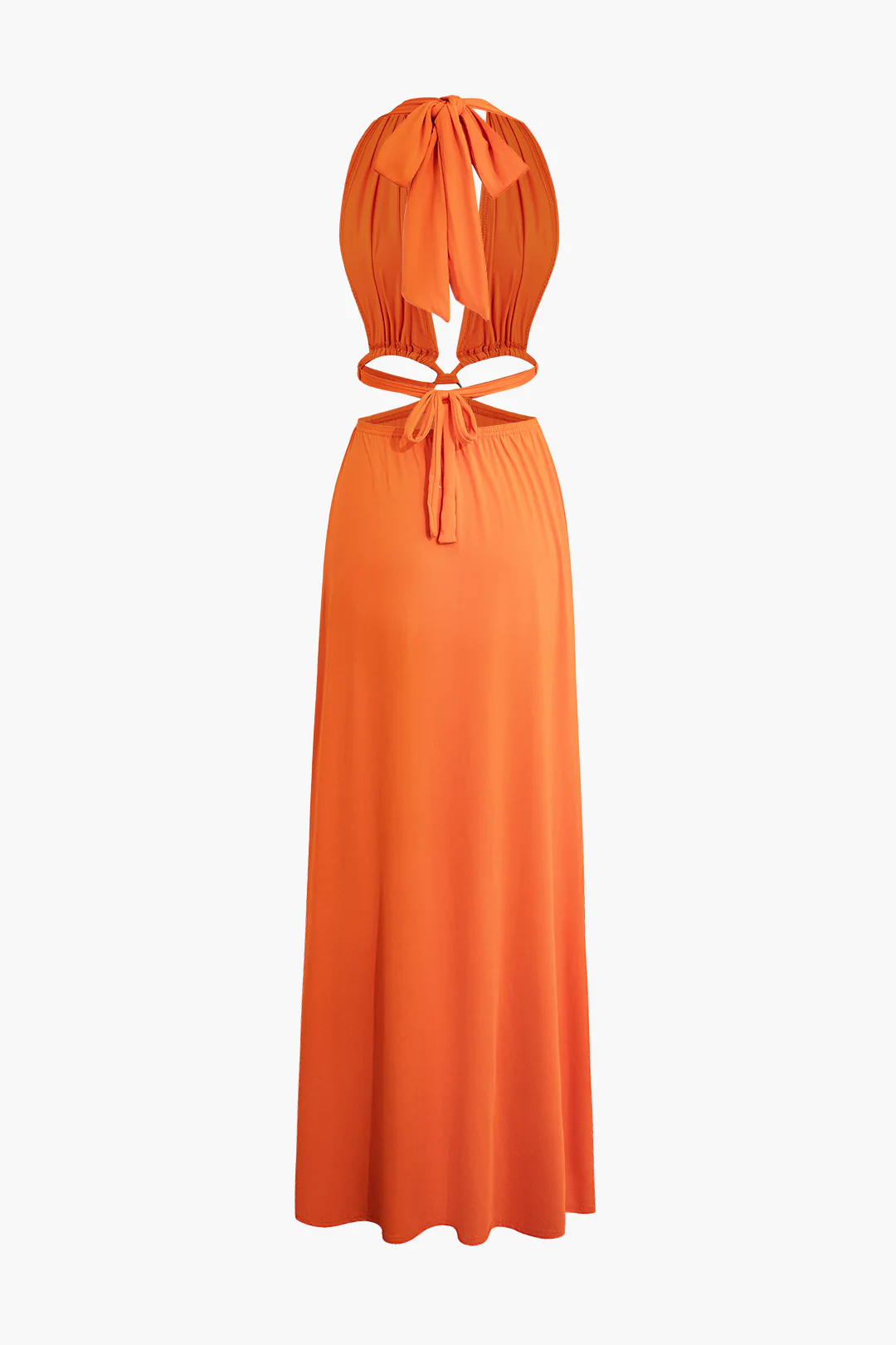 Halter Neck Backless Tie Up Ruched Cut Out Sleeveless Maxi Dress - Weenar