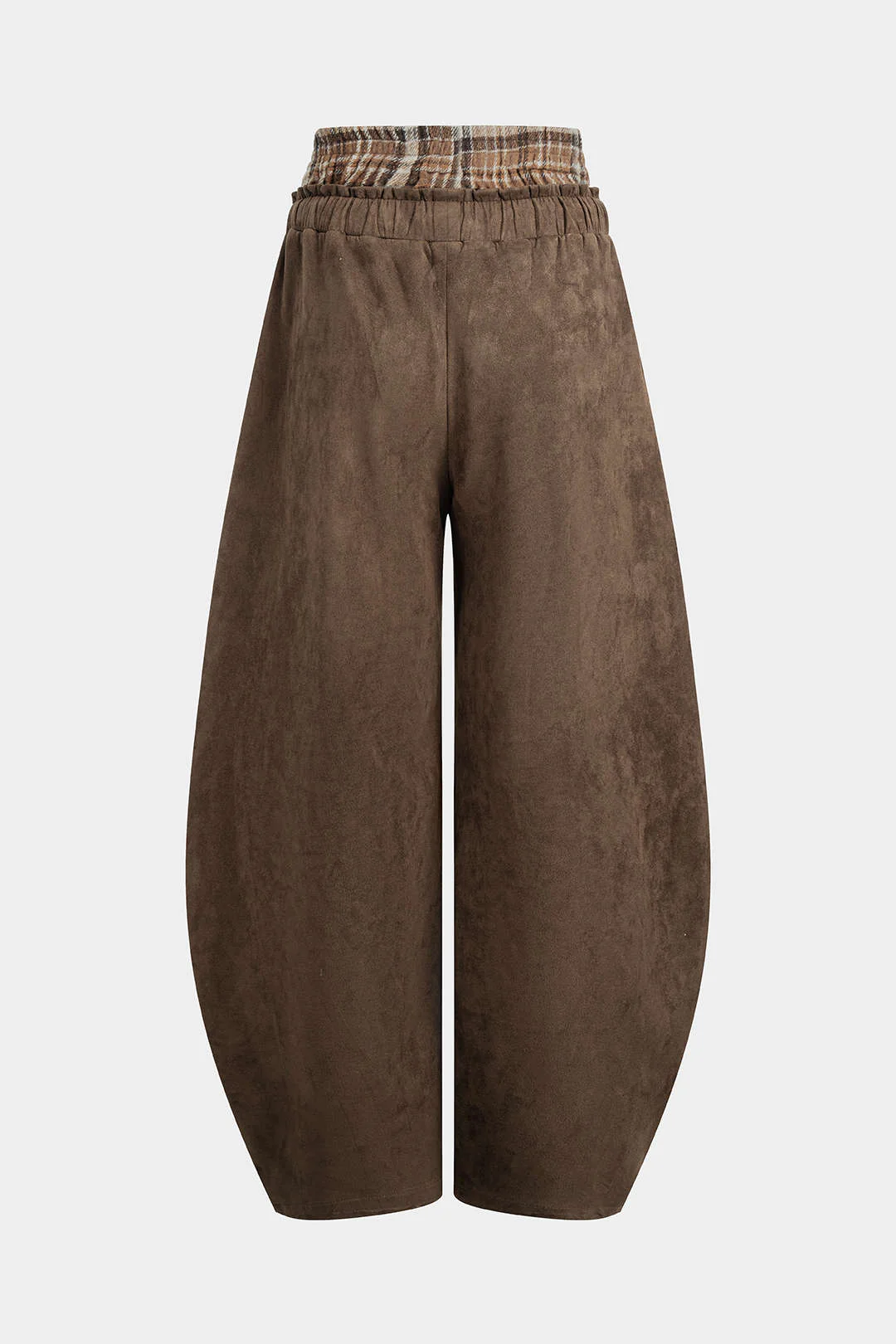 Plaid Print Suede Double Waistband Patchwork Drawstring Pants - Weenar