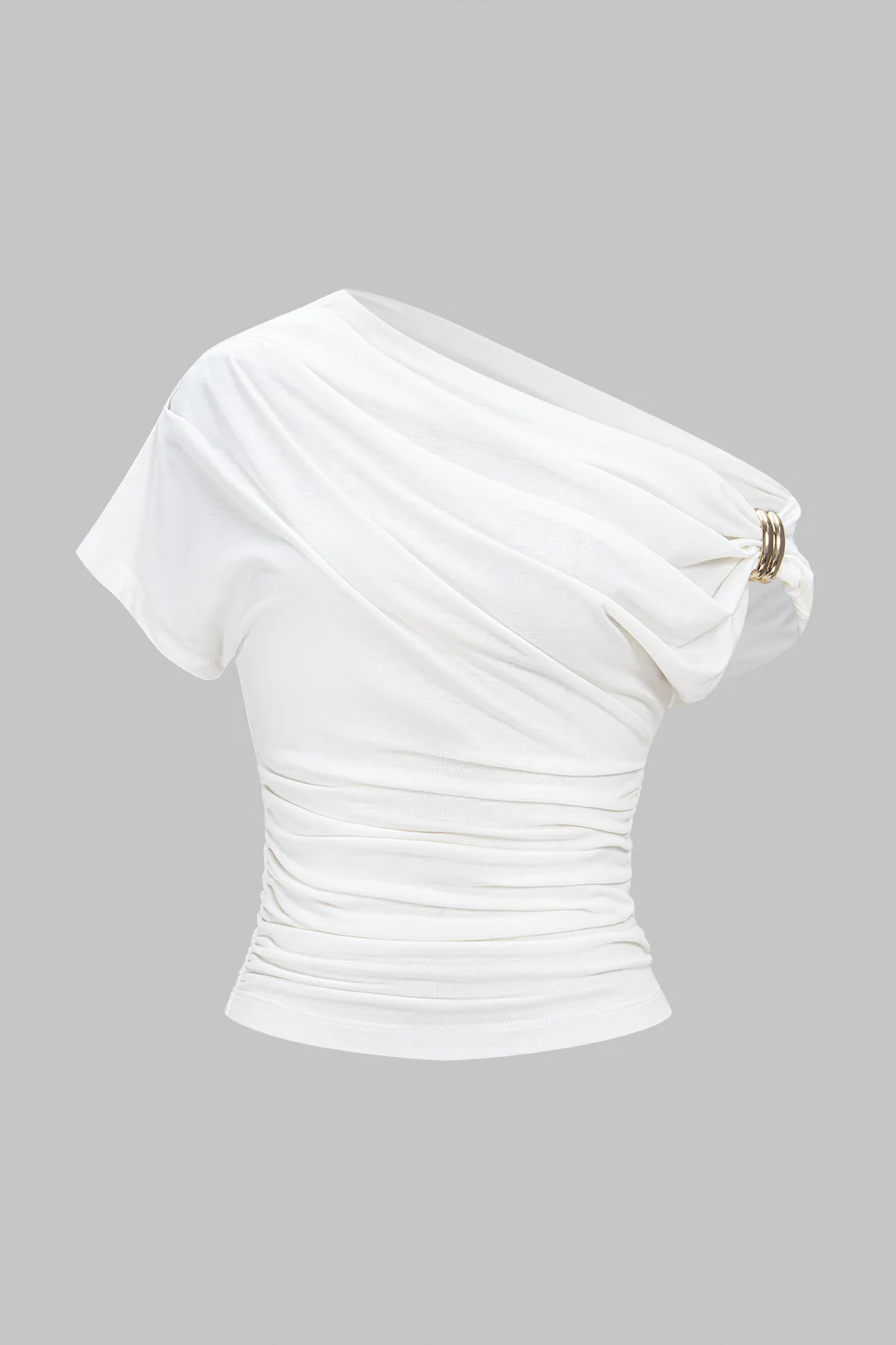 Metallic Decor One Shoulder Ruched Short Sleeve T-Shirt - Weenar