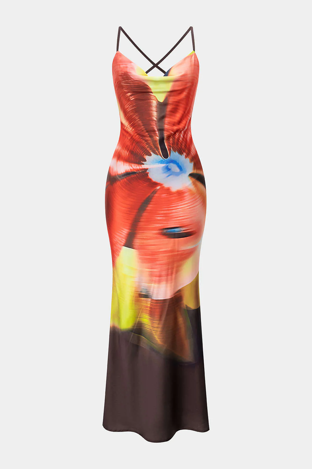 Tie Dye Print Satin Draped Cowl Neck Sleeveless Maxi Dress - Weenar