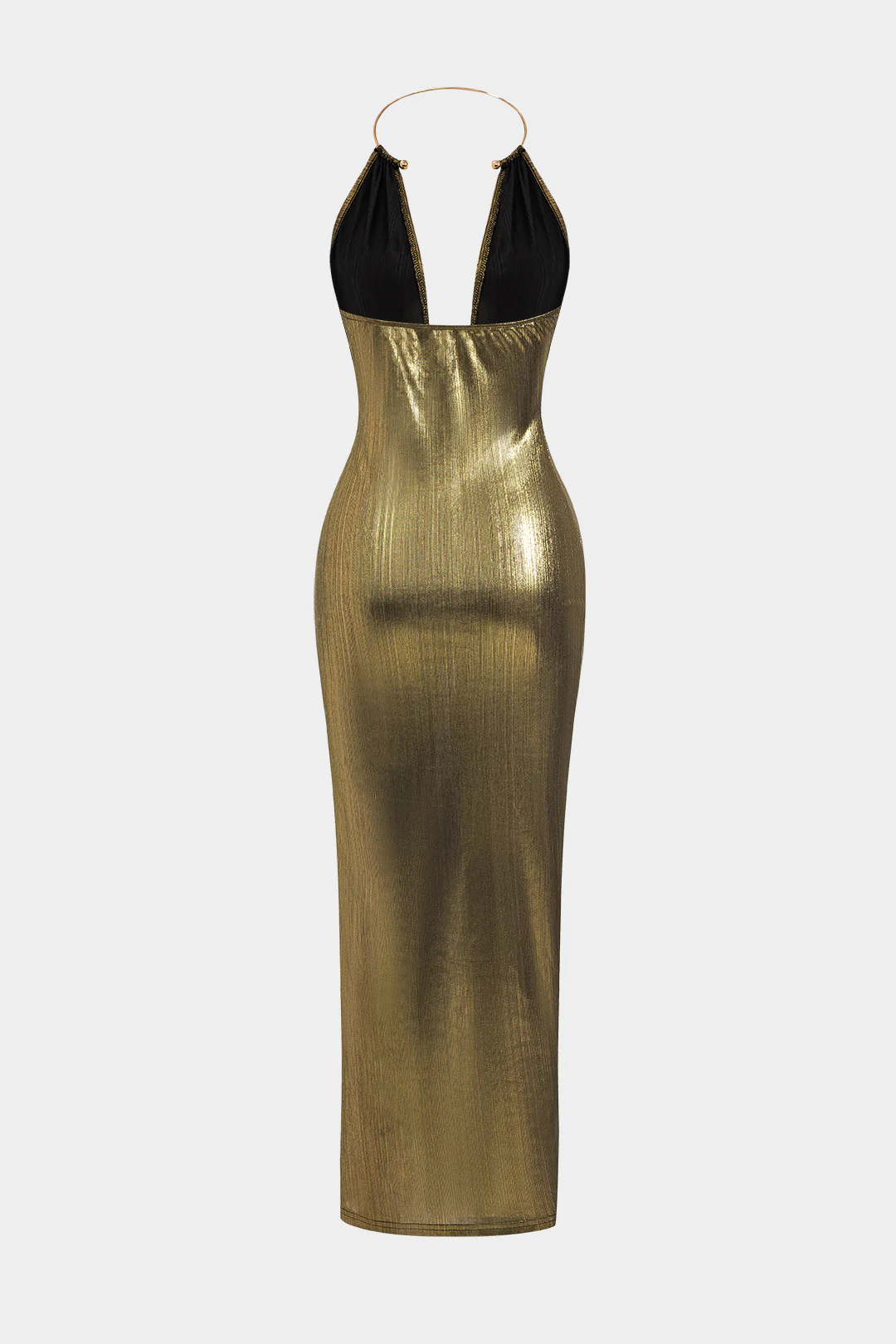Metallic Ring Ruched Backless Slit Midi Dress - Weenar