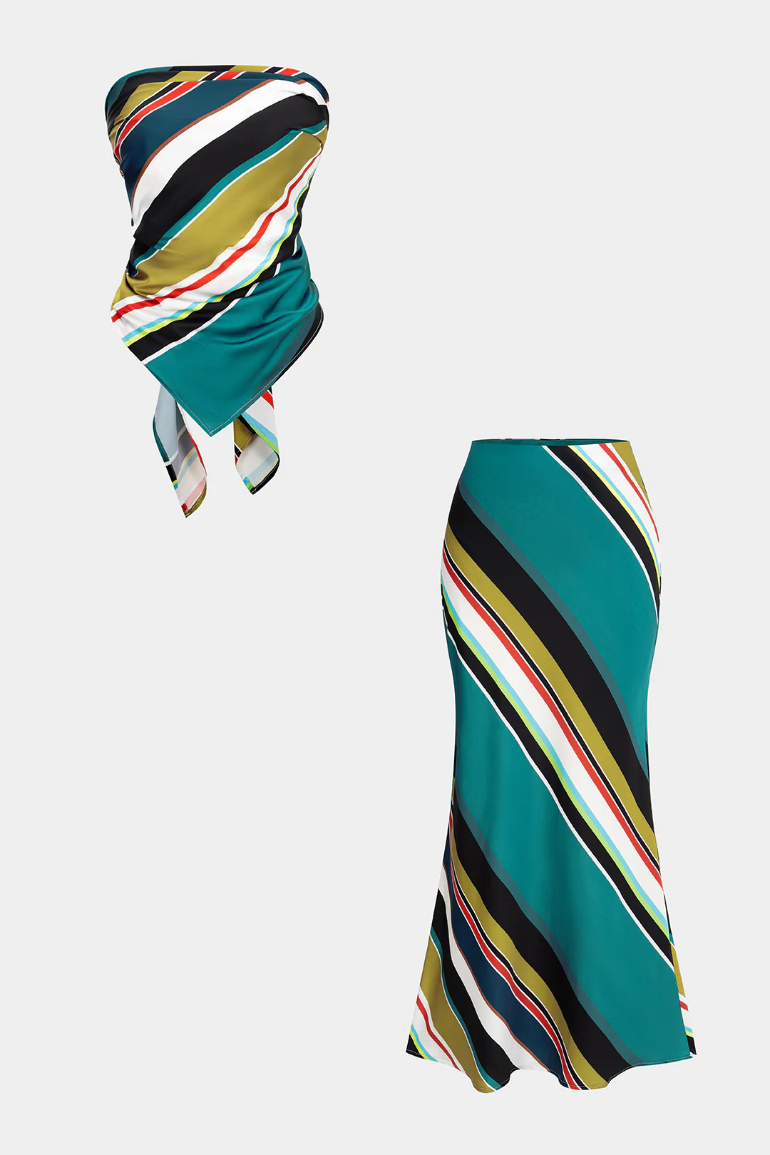 Contrast Stripes Print Satin Tie Back Tube Top And High Waist Skirt Set - Weenar