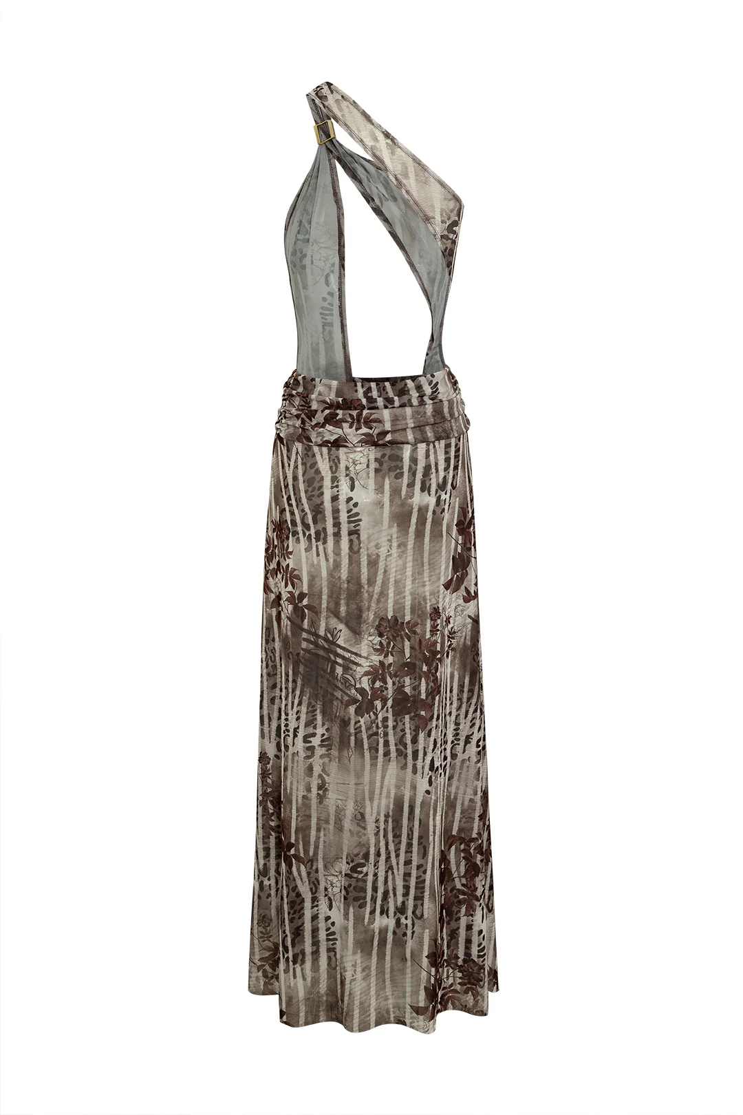Leaf Print Backless Asymmetrical Slit Sleeveless Maxi Dress - Weenar