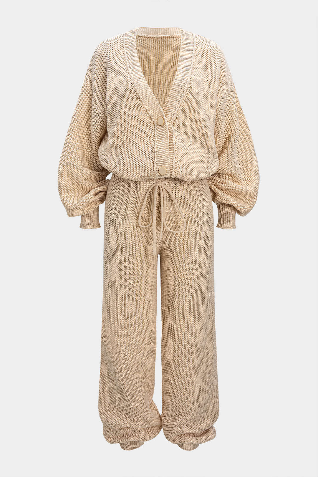 Button V-Neck Sweater Cardigan And Tie-Up Lantern Pants Set - Weenar