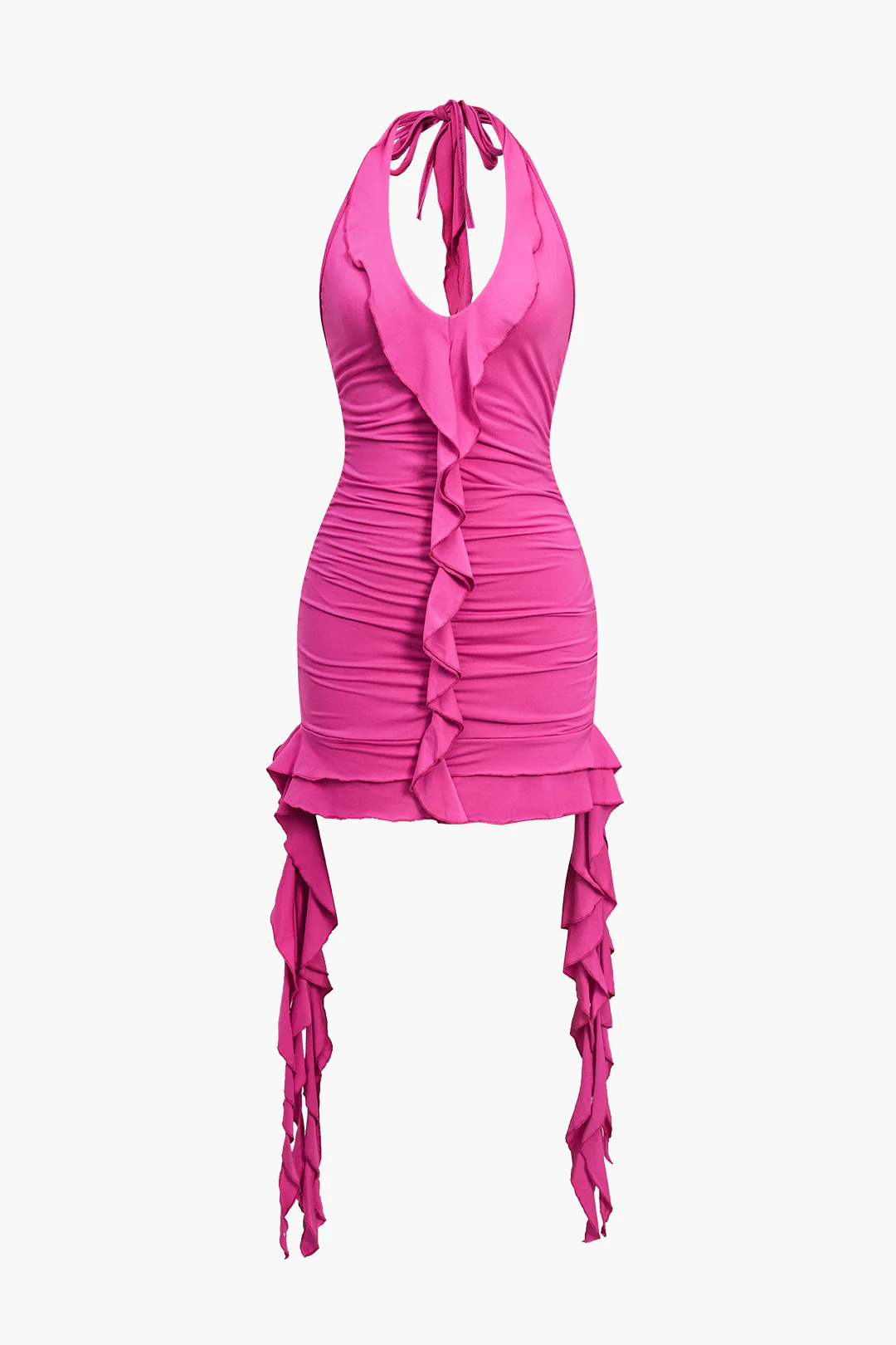 Halter Neck Tie Up Ruched Scallop Edge Backless Sleeveless Mini Dress - Weenar