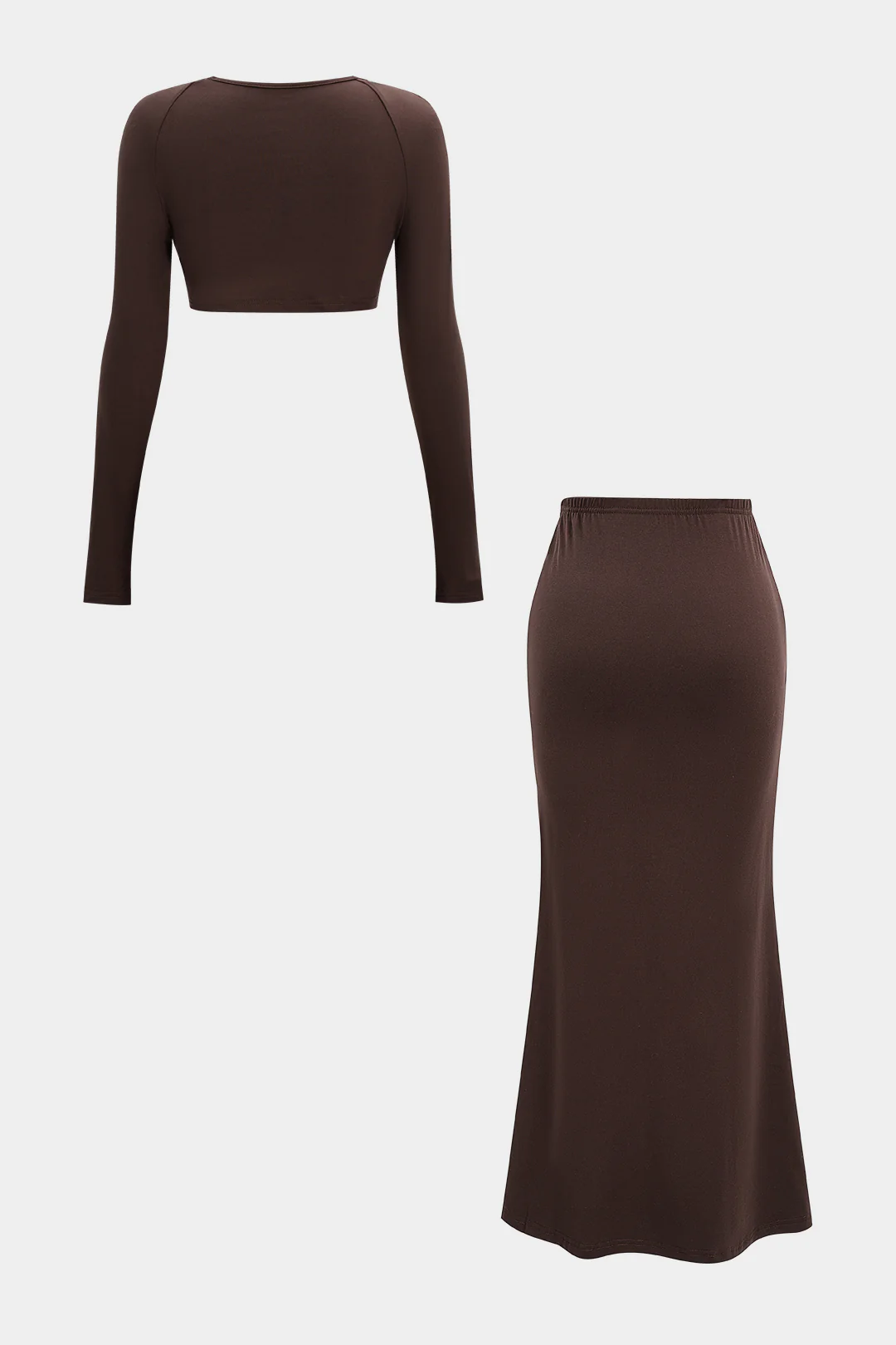 Square Neck Long Sleeve Cropped Top And Ruched Skirt Set - Weenar