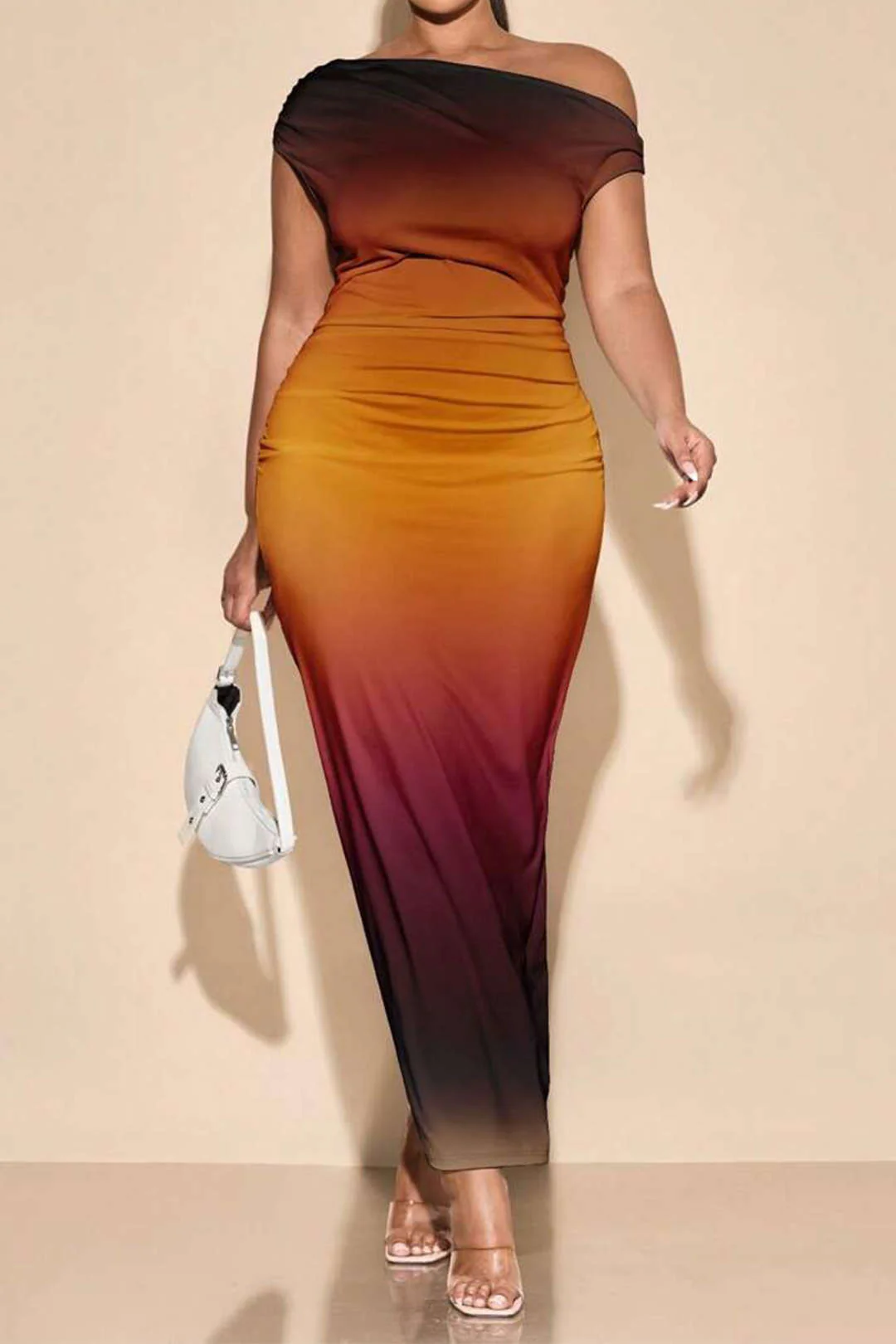Plus Size Ombre Print Mesh Asymmetrical Sleeveless Maxi Dress - Weenar