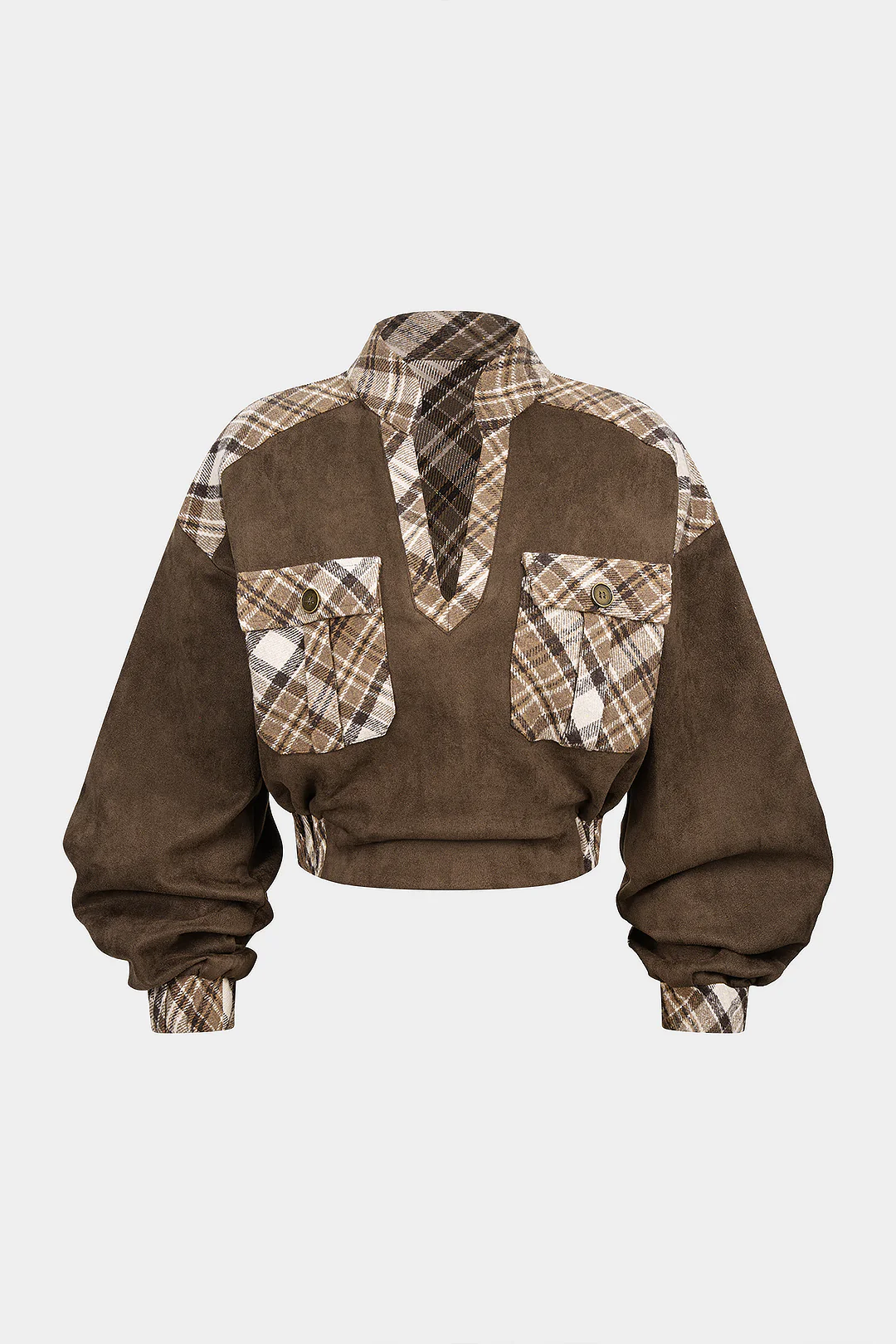 Plaid Color Block Print Suede V-Neck Pocket Sweatshirt - Weenar