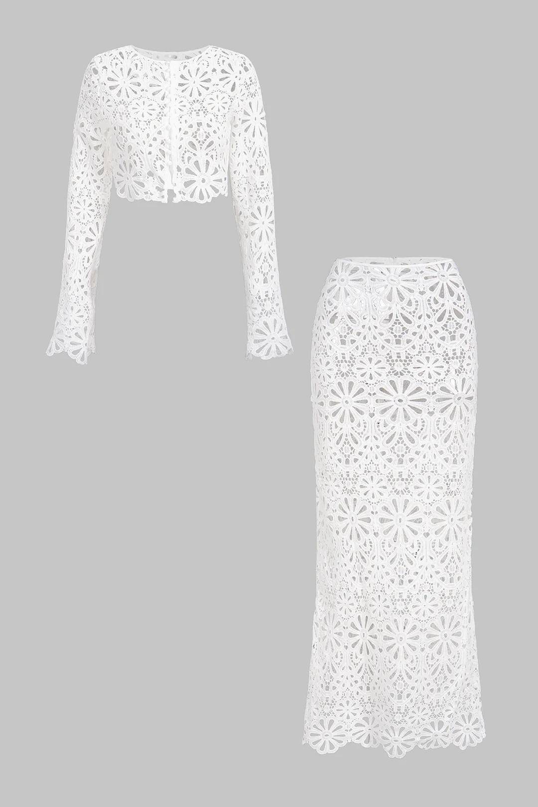 Lace Round Neck Hollow Out Long Sleeve Top And Skirt Set - Weenar