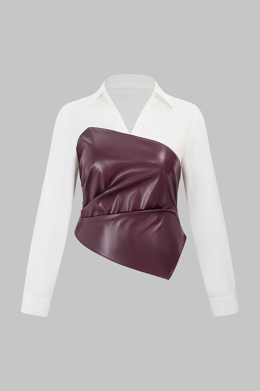 Plus Size Faux Leather Patchwork Long-Sleeve Shirt - Weenar