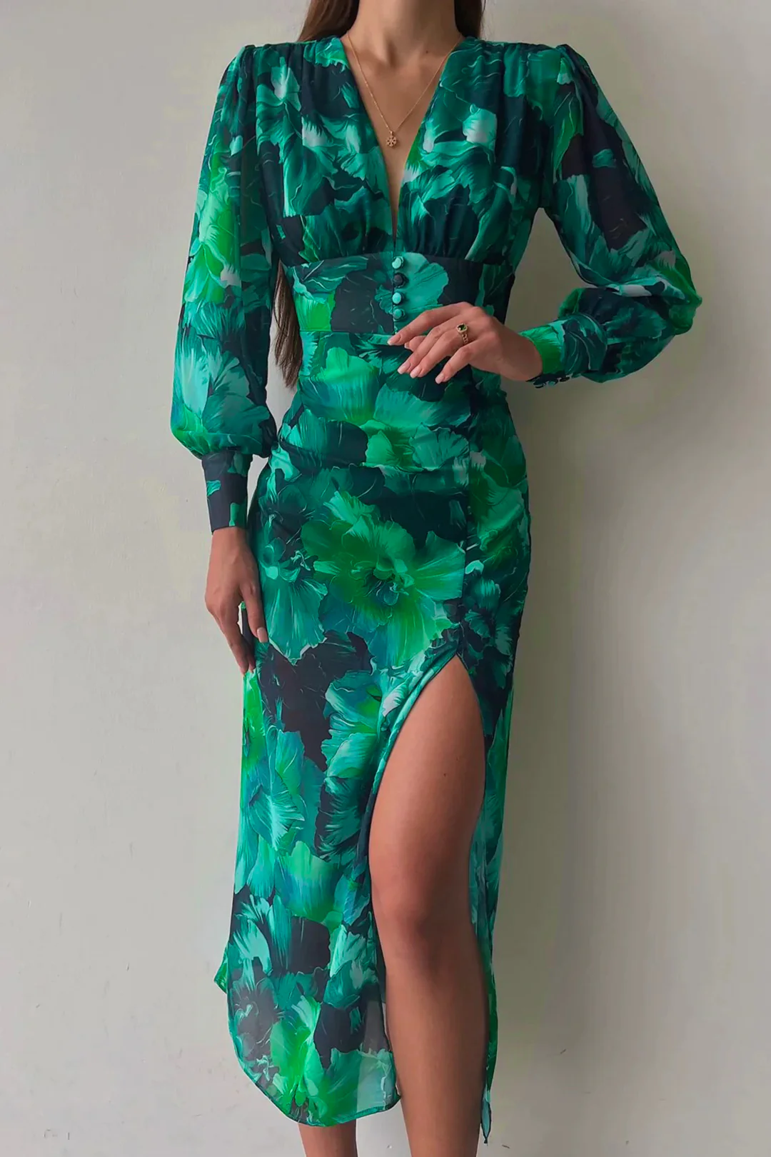 Chiffon Ombre Floral Print V-Neck Long Sleeve Slit Maxi Dress - Weenar