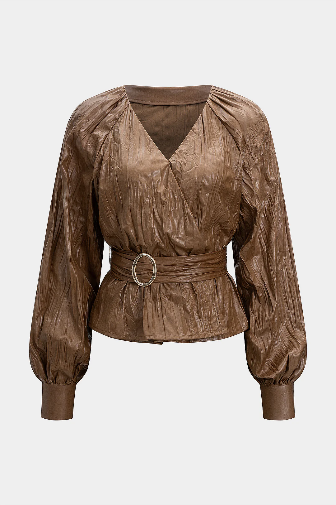 Faux Leather Pleated Belted V-Neck Long-Sleeve Shirt - Weenar