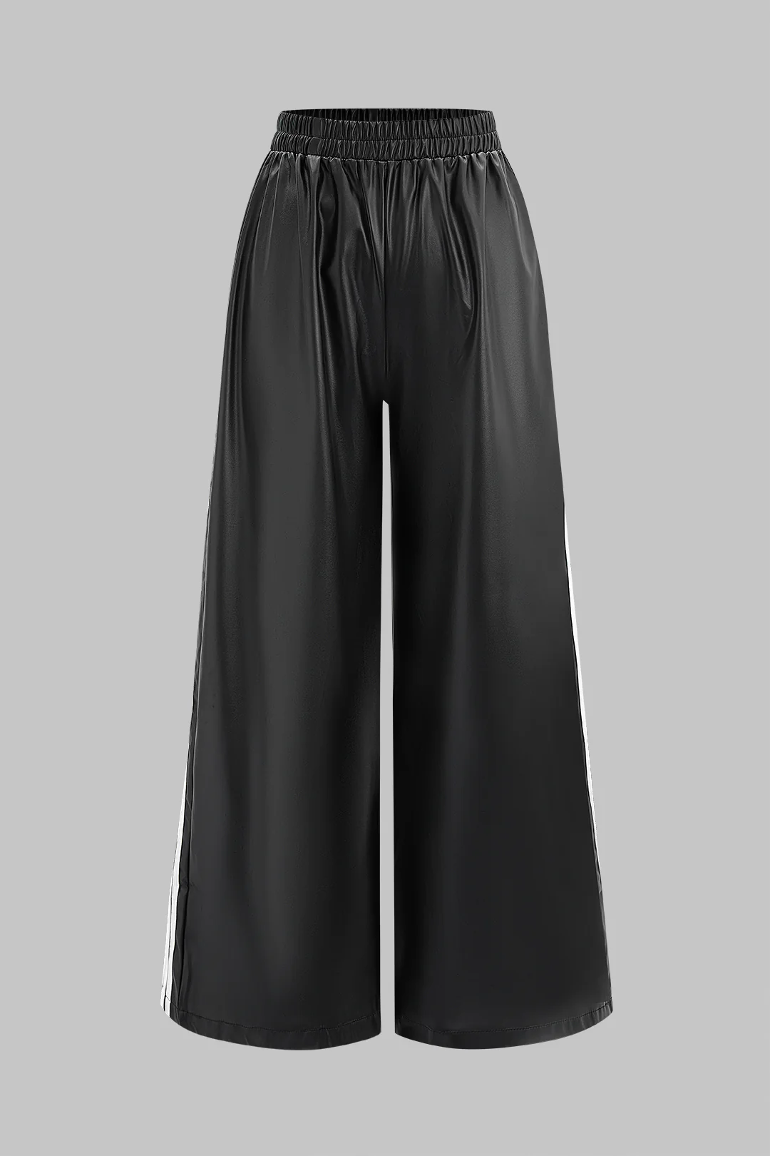 Faux Leather Contrast Shirred Waistband Wide Leg Pants - Weenar