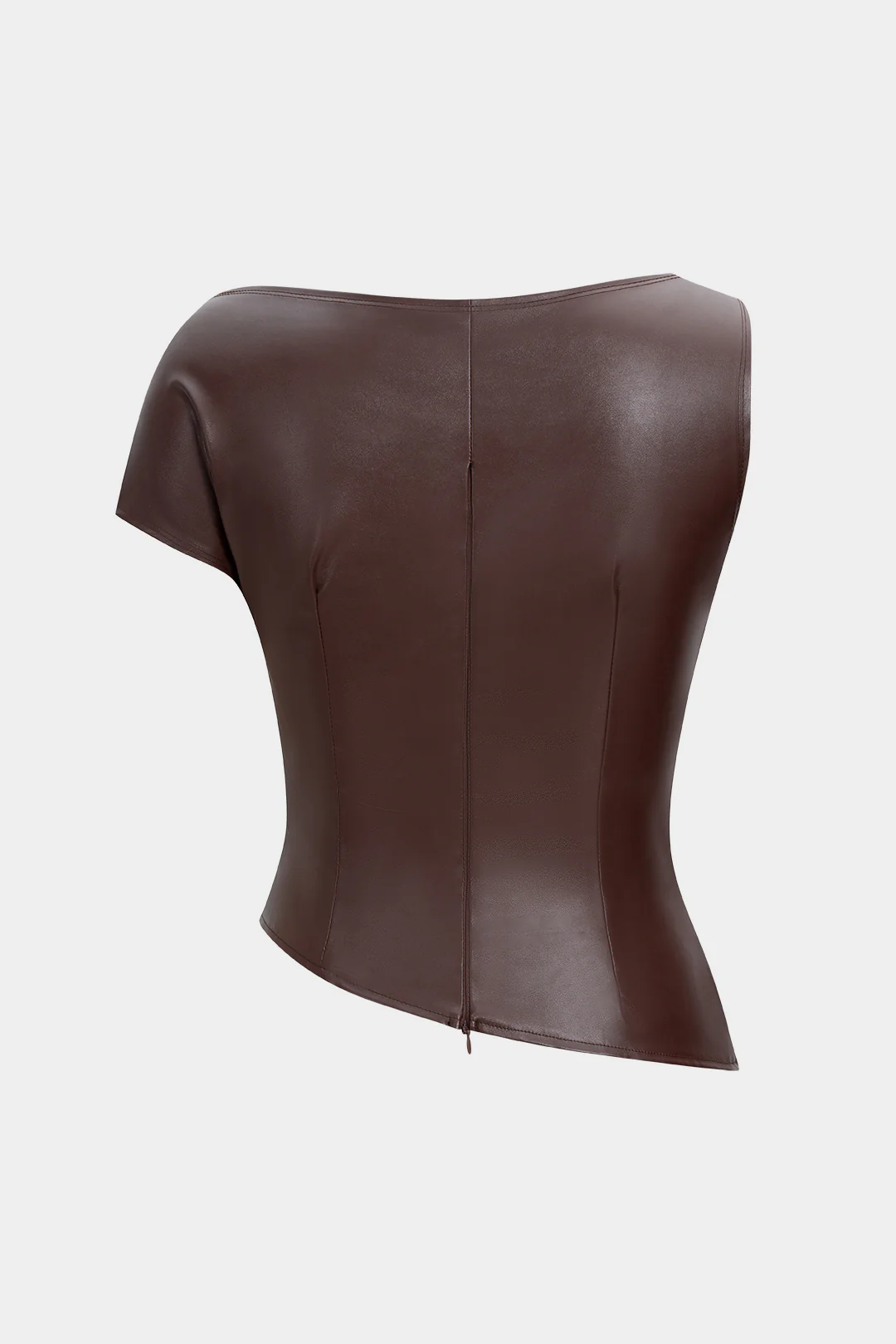 Faux Leather Zipper Ruched Short-Sleeve Shirt - Weenar