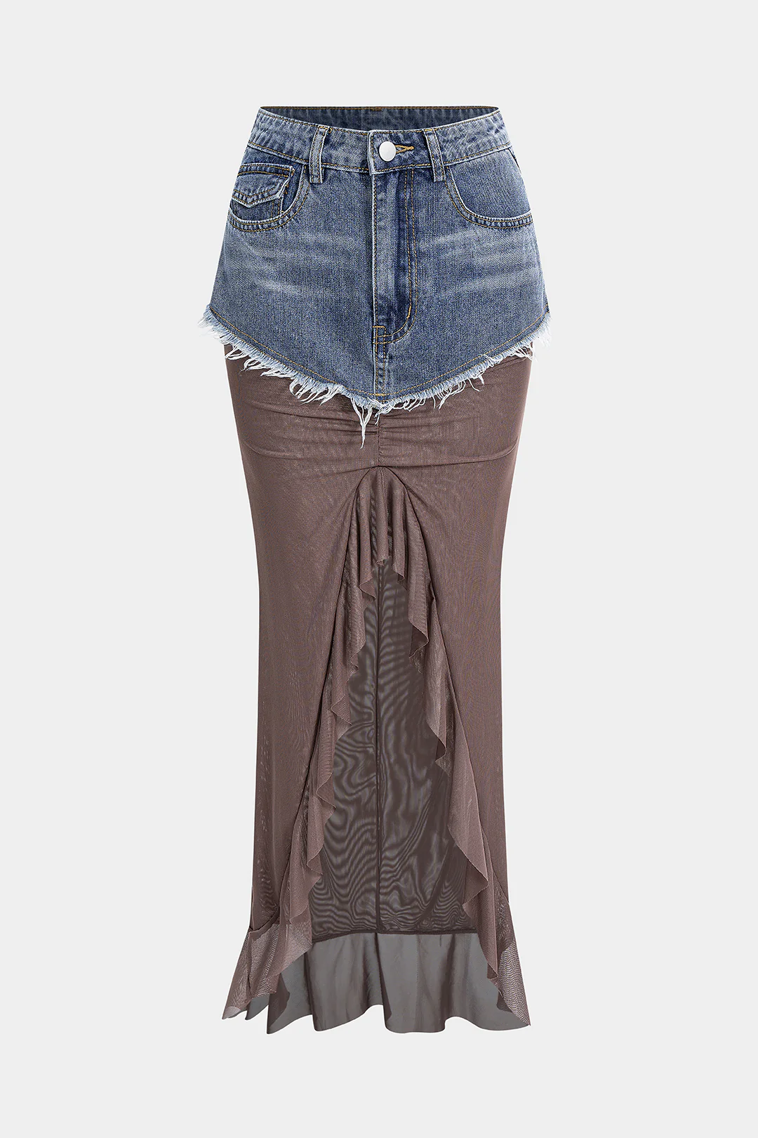 Denim Mesh Patchwork Frayed Ruched Ruffle Slit Skirt - Weenar