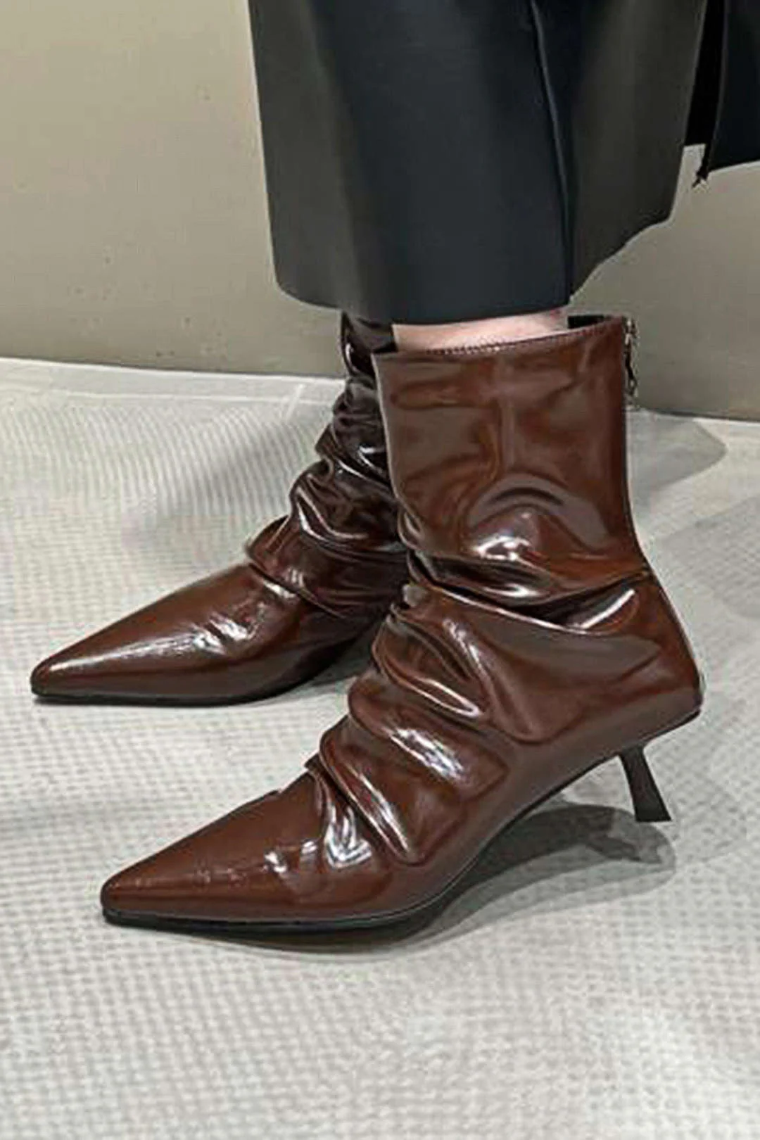 Wrinkled Faux Leather Pointed Ankle Boots - Weenar