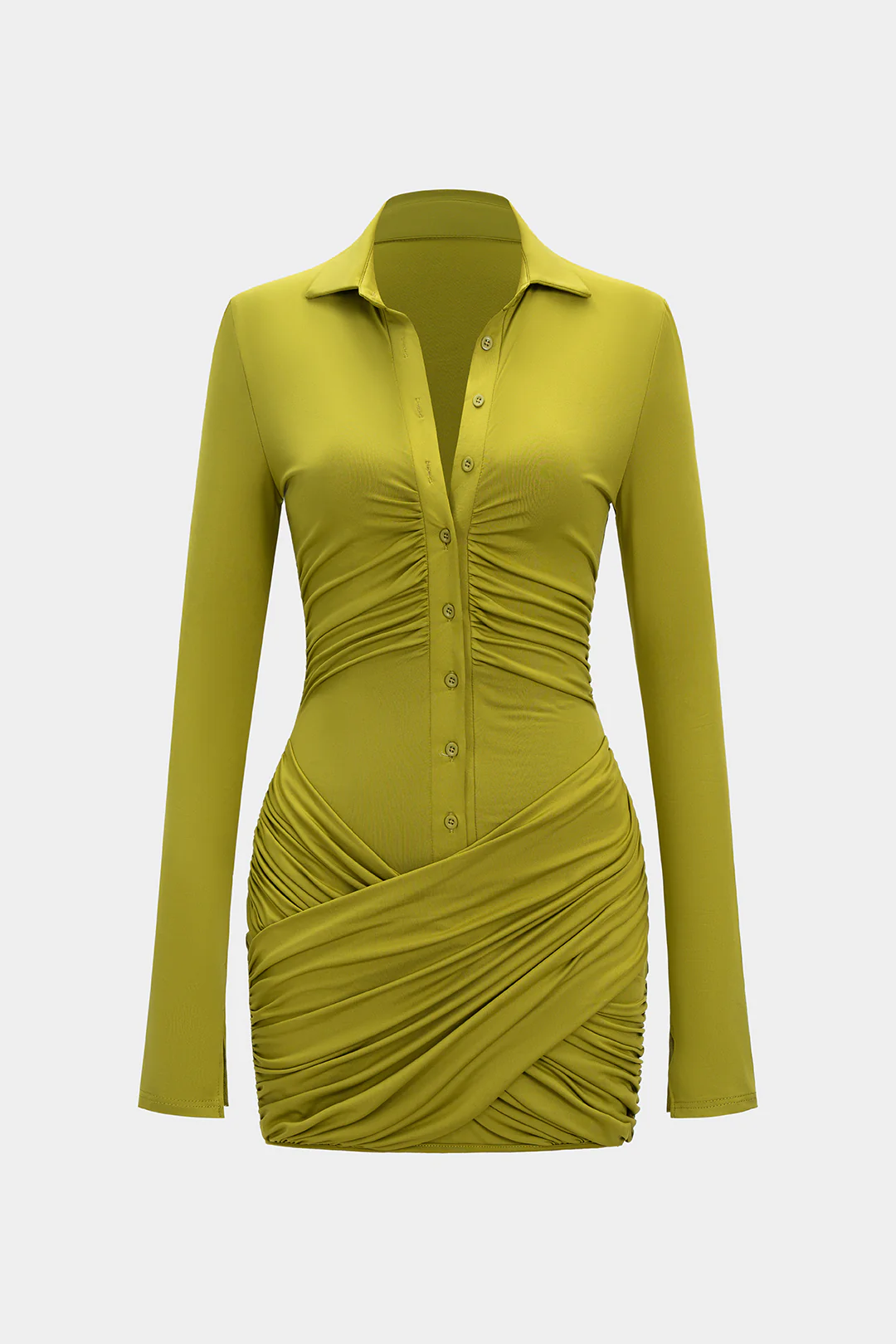 Crossed Button Ruched Long Sleeve Mini Dress - Weenar