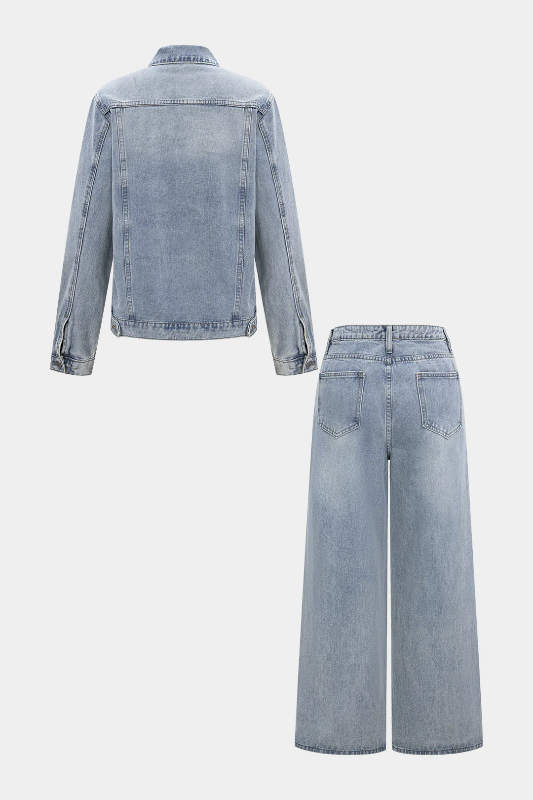 Denim Button Pocket Jacket And Wide Leg Jeans Set - Weenar