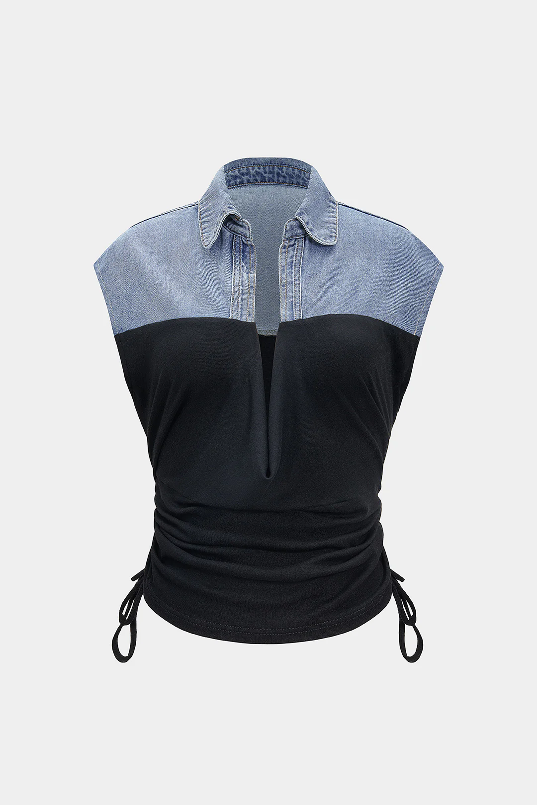 Denim Drawstring Patchwork Crop Top - Weenar