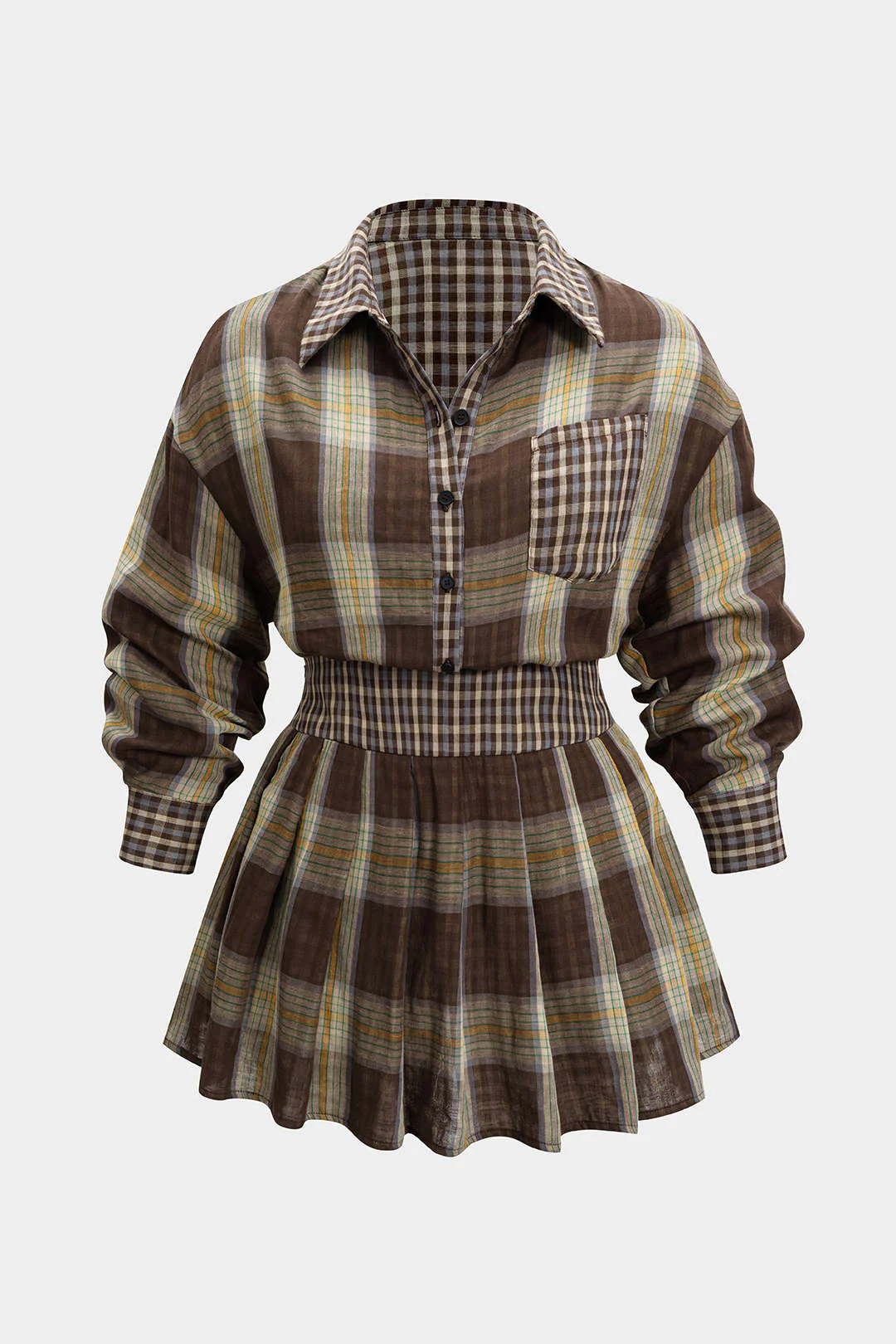 Plus Size Plaid Print Button Long-Sleeve Shirt And Mini Skirt Set - Weenar