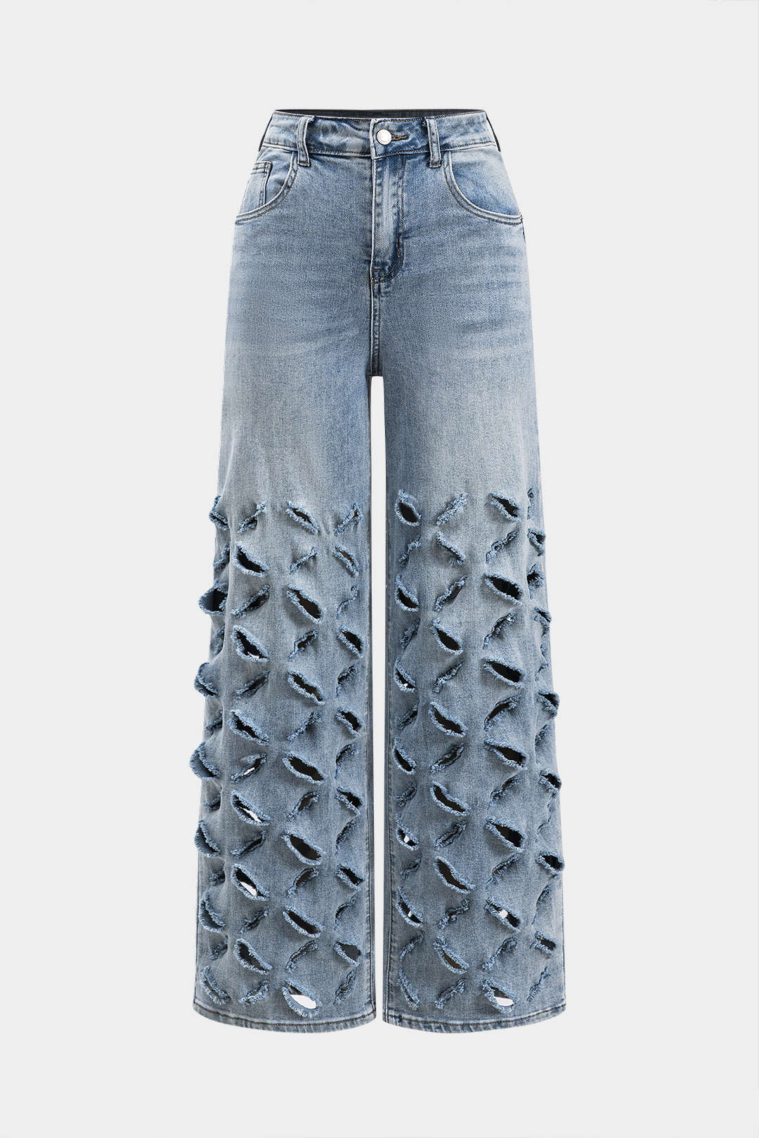 Ripped Cut Out Button Pocket Wide Leg Jeans - Weenar
