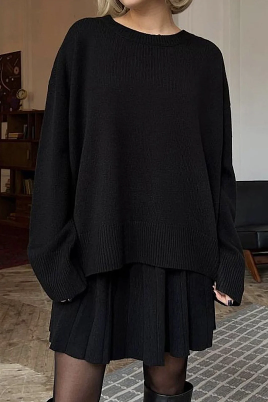Knit Round Neck Long-Sleeve Top And Pleated Belted Skirt Set - Weenar