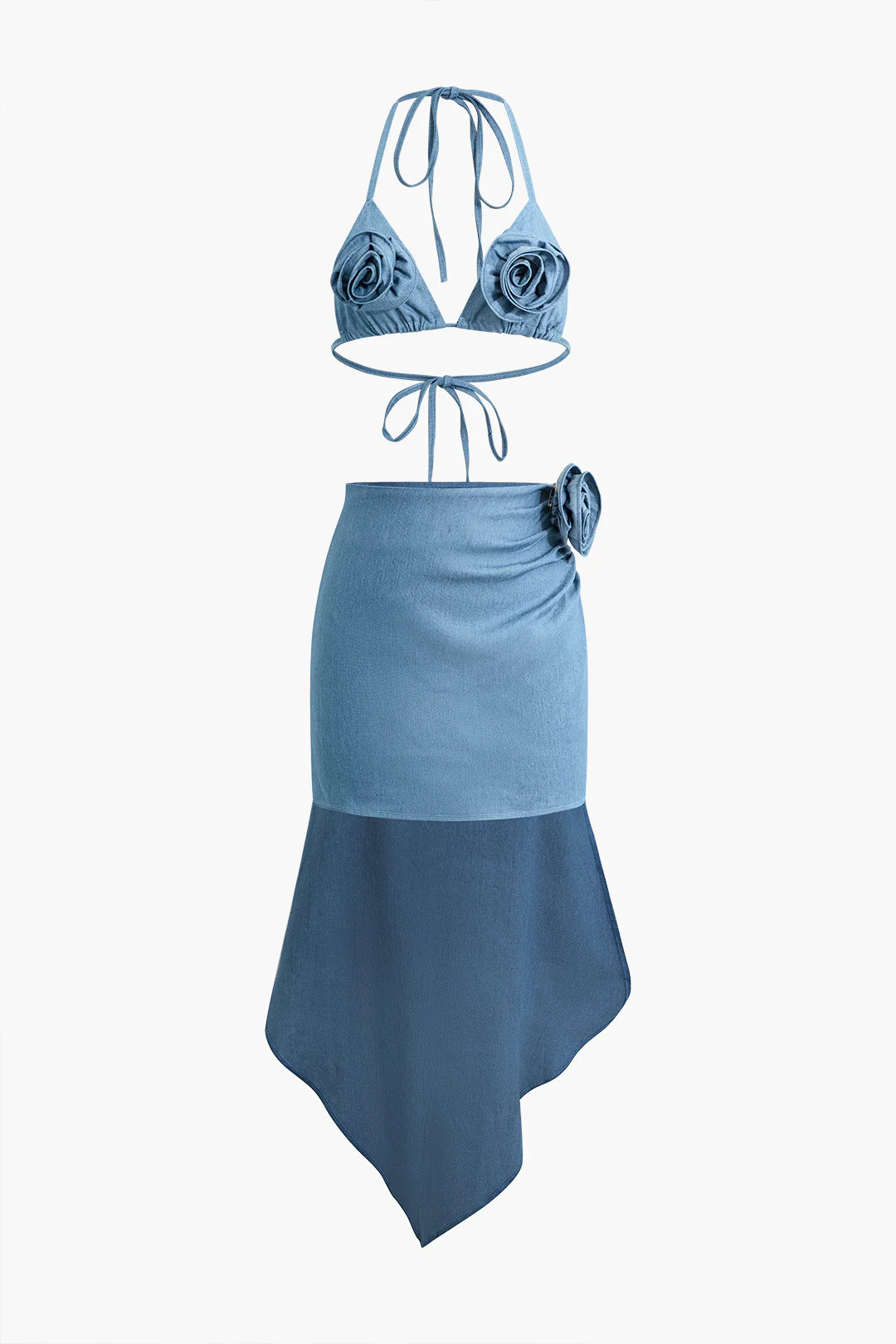 3D Flower Decor Halter Neck Tie-Up Backless Top And Contrast Asymmetrical Skirt Set - Weenar
