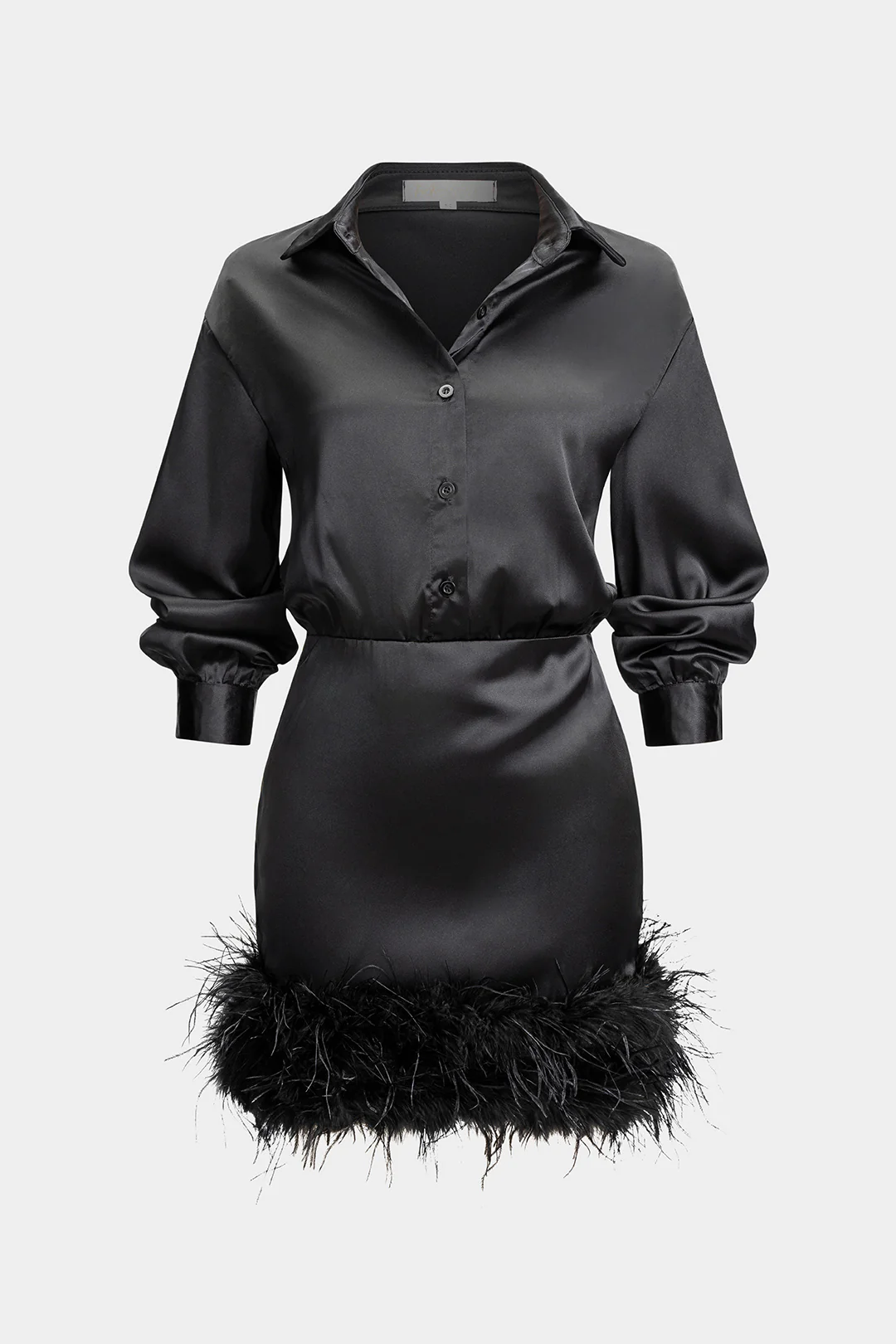 Satin Patchwork Feather Trim Long Sleeve Midi Dress - Weenar