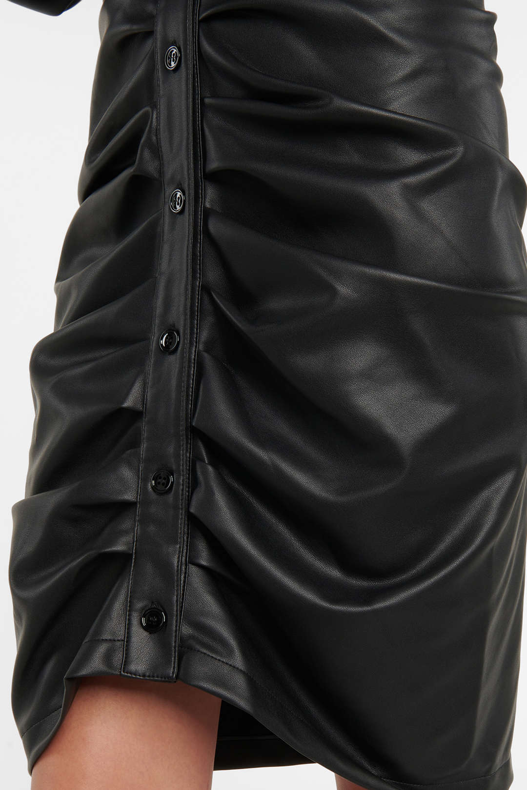 Faux Leather Button Ruched Skirt - Weenar